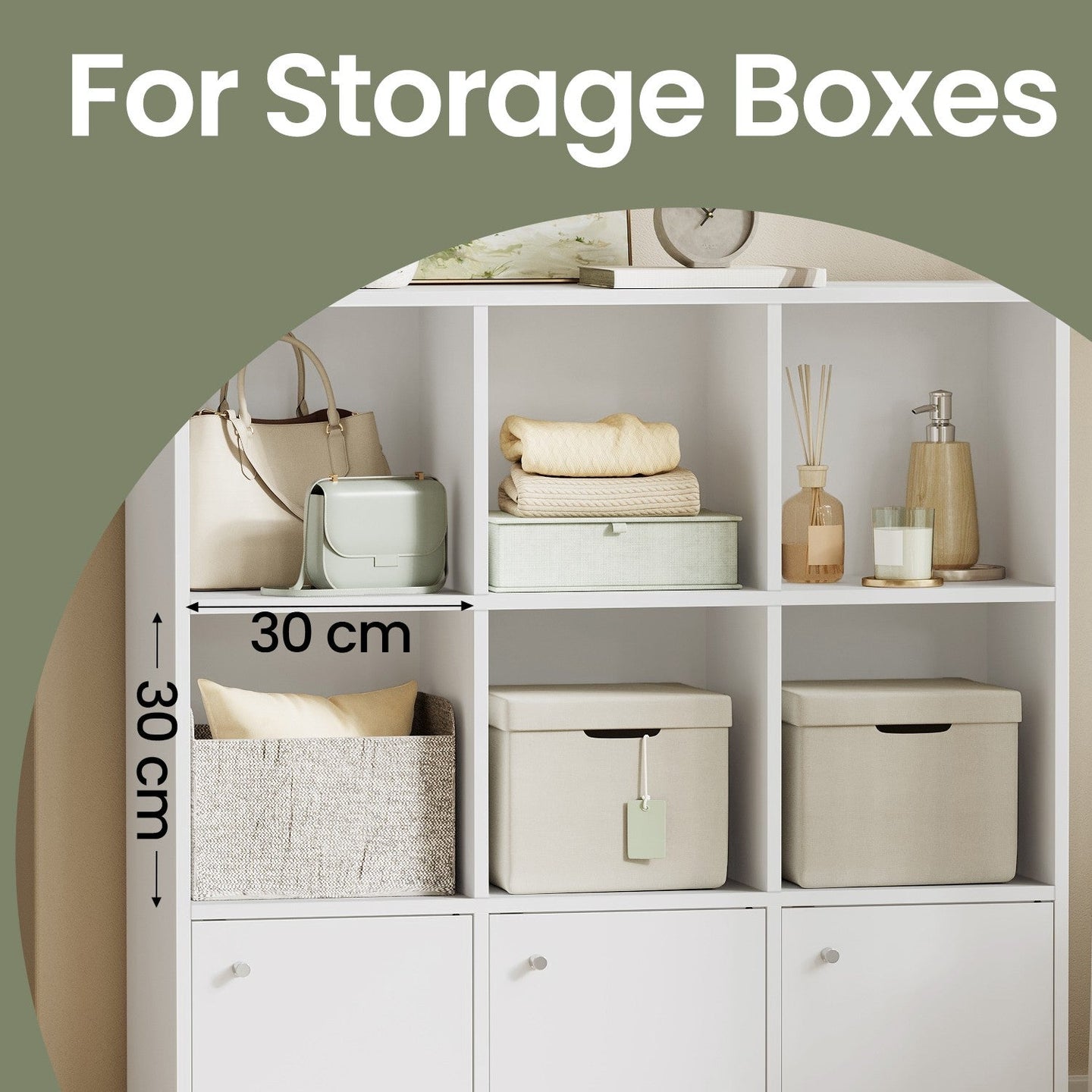 9-Cube Bookshelf - 3 Enclosed Cabinets - Particleboard - Freestanding