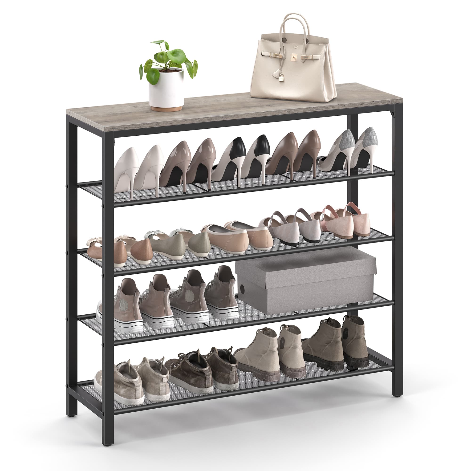 Shoe Rack - Steel - Greige and Black - 4 Mesh Shelves with Large Surface for Storage
