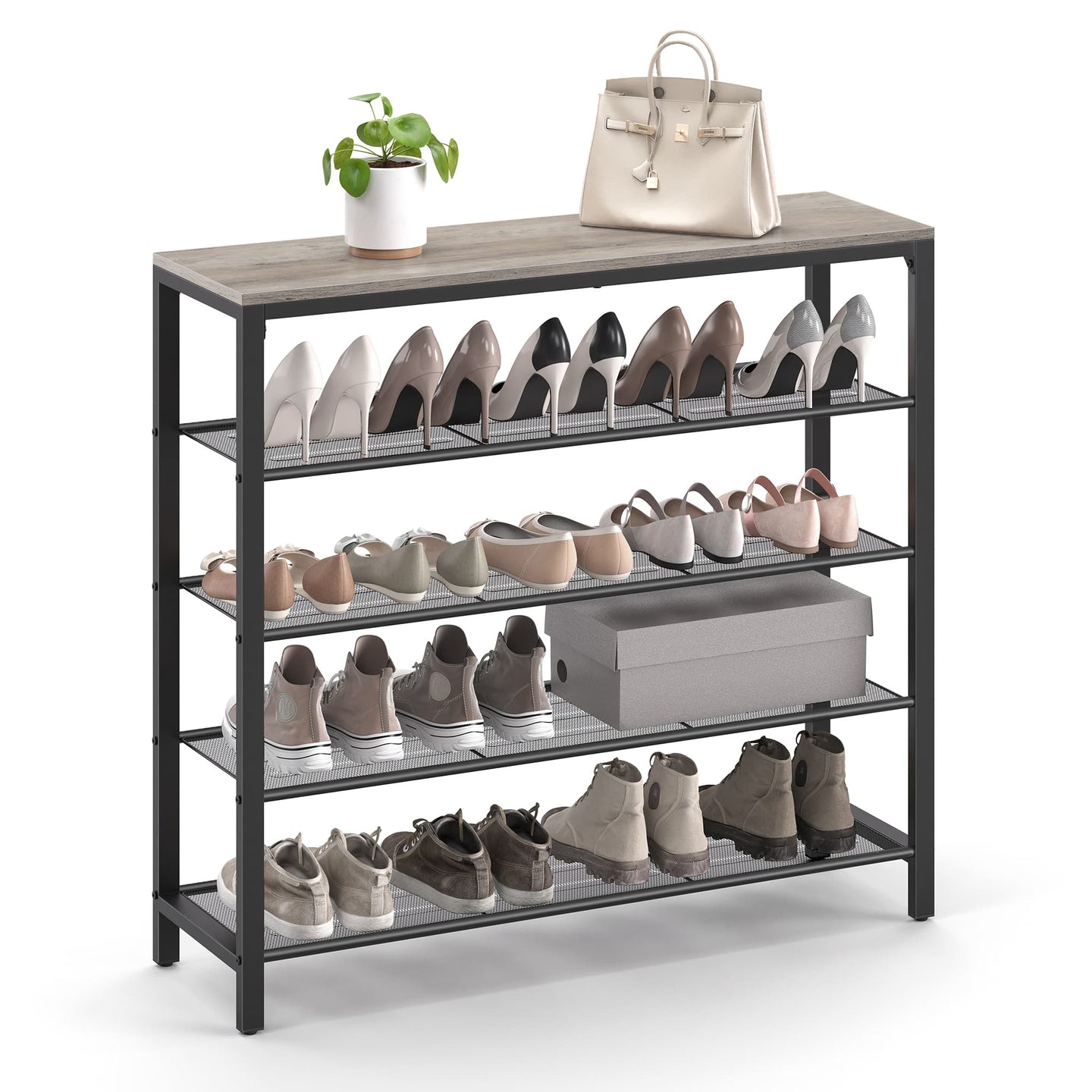 Shoe Rack - Steel - Greige and Black - 4 Mesh Shelves with Large Surface for Storage