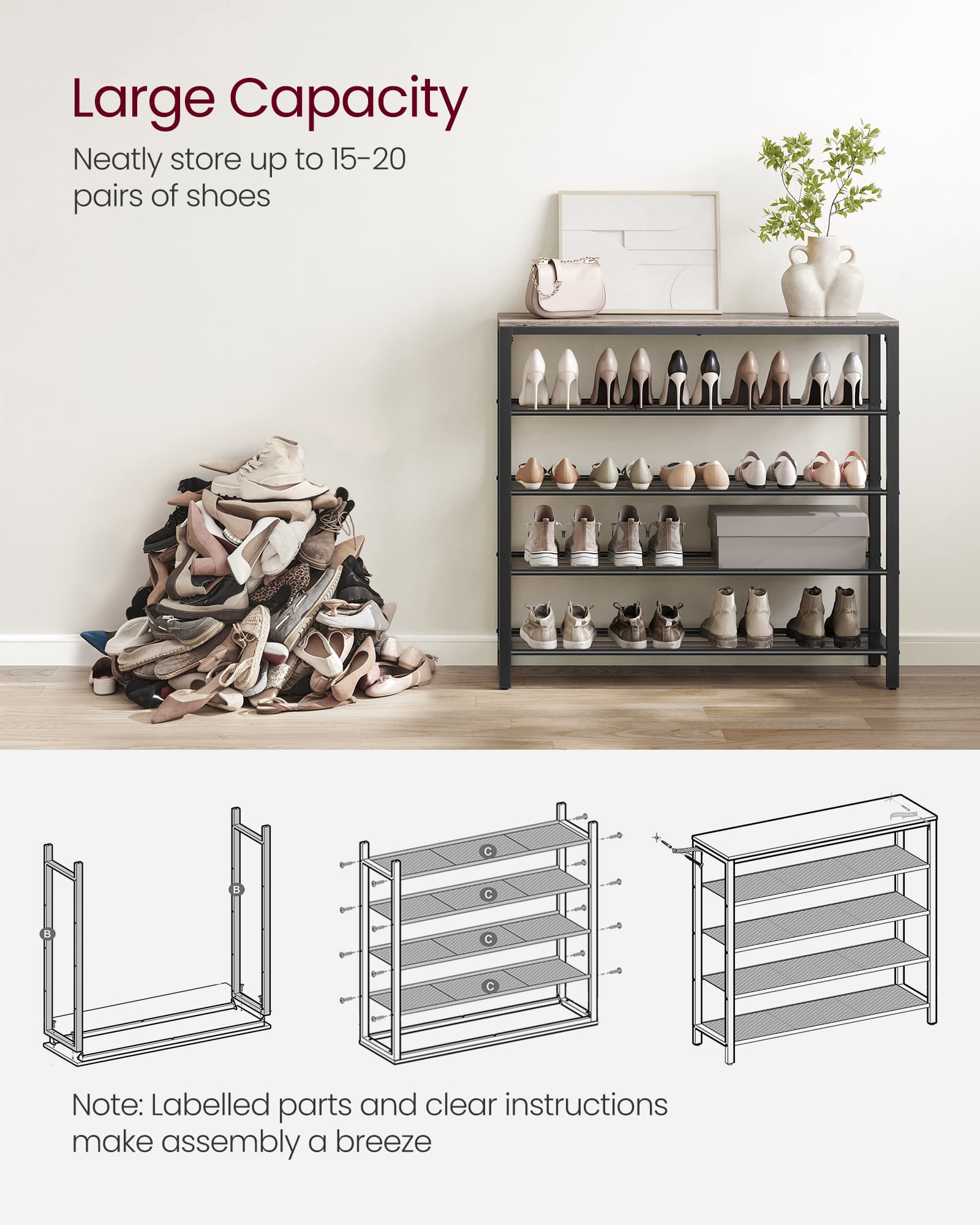 Shoe Rack - Steel - Greige and Black - 4 Mesh Shelves with Large Surface for Storage