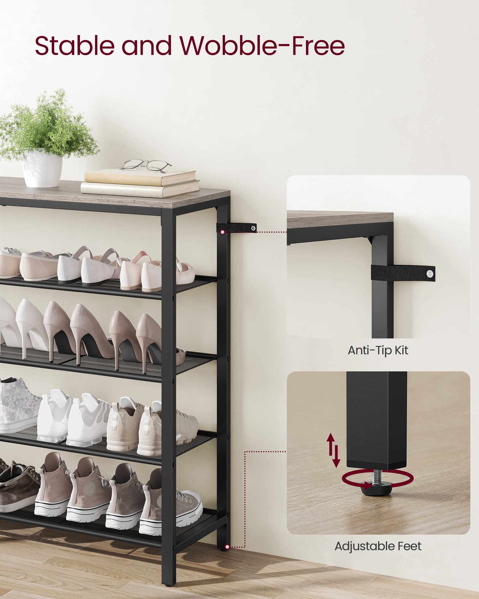 Shoe Rack - Steel - Greige and Black - 4 Mesh Shelves with Large Surface for Storage