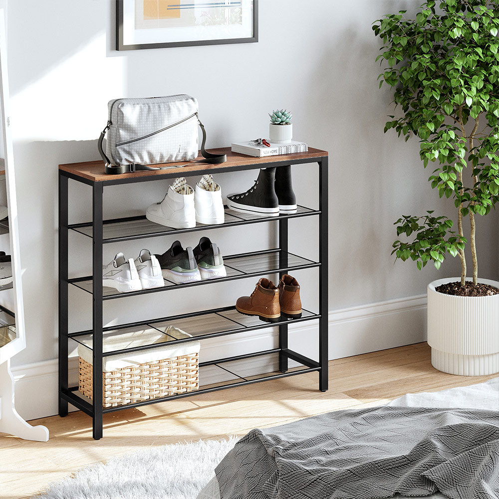 Shoe Rack - Steel - Hazelnut Brown - 4 Mesh Shelves with Large Surface for Bags