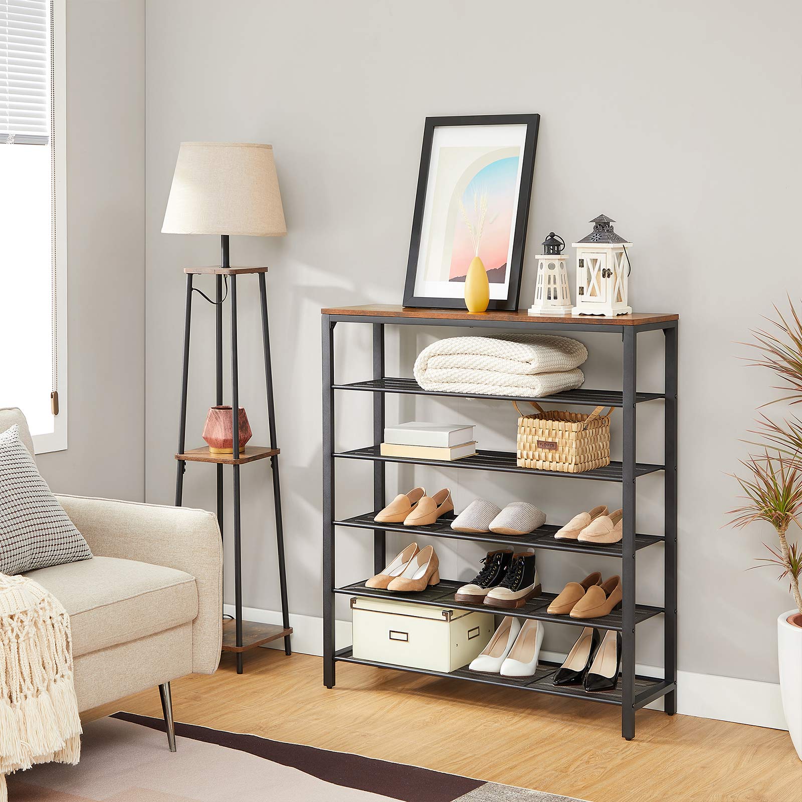 Shoe Organizer - Steel - Rustic Brown and Black - 5 Mesh Shelves with Large Surface