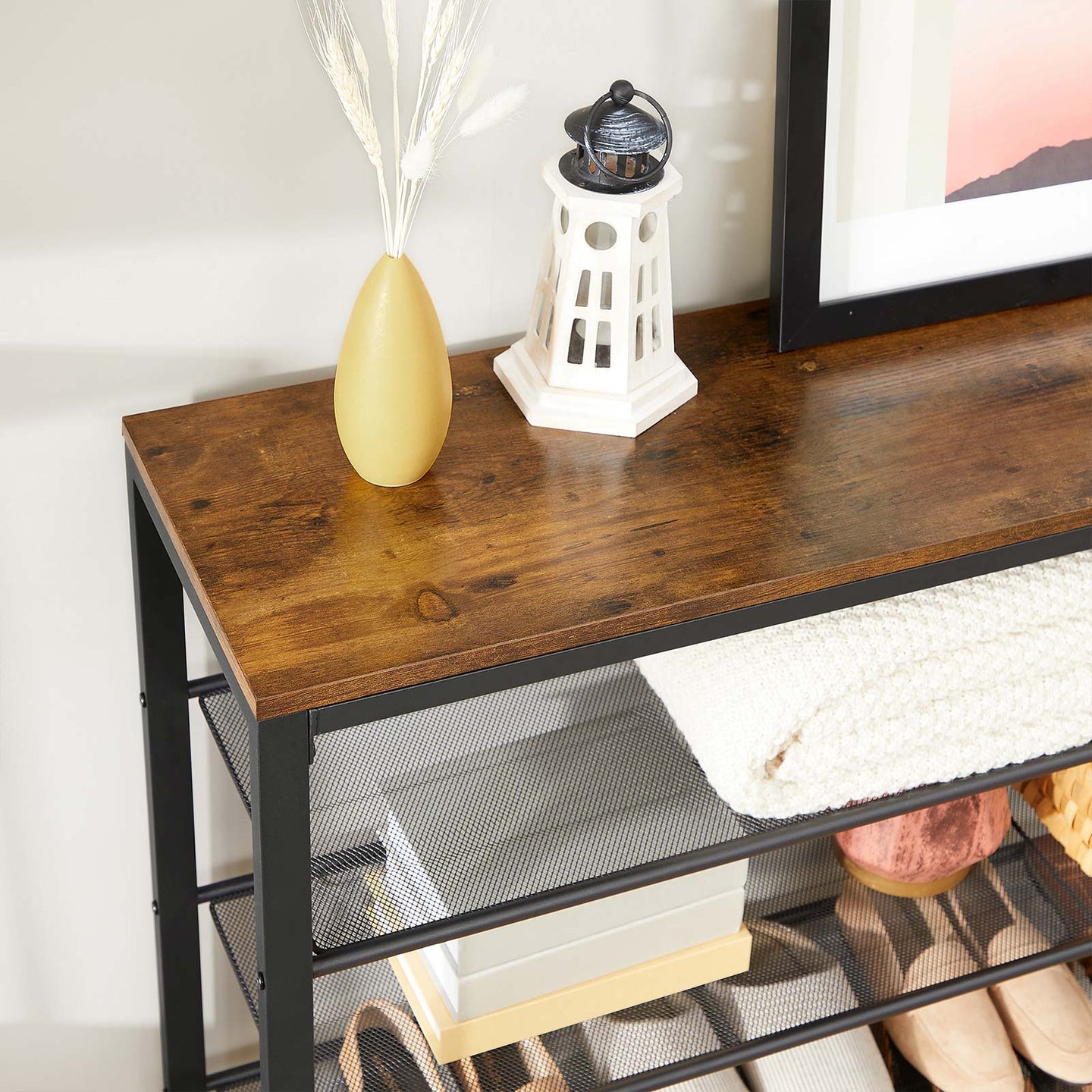Shoe Organizer - Steel - Rustic Brown and Black - 5 Mesh Shelves with Large Surface