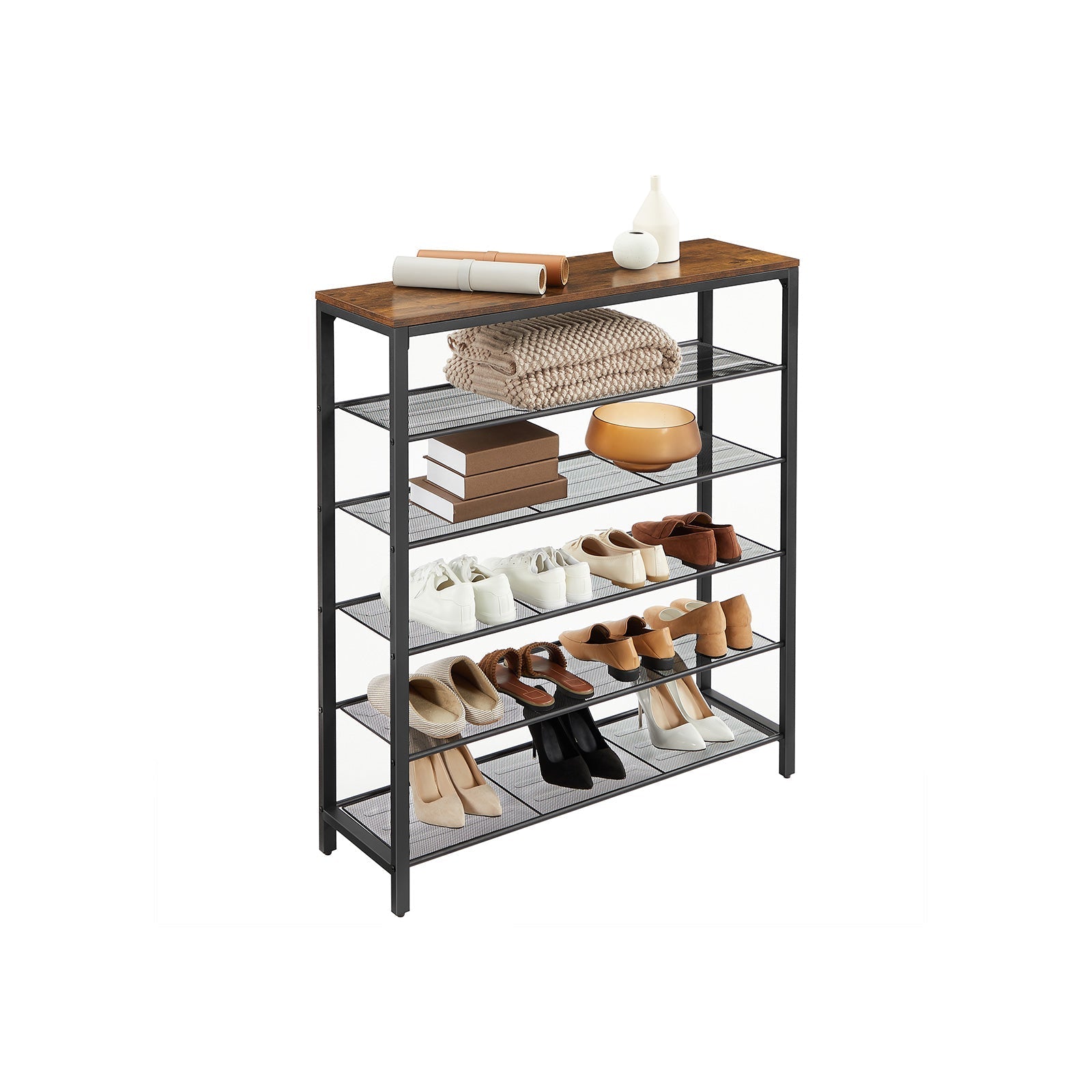 Shoe Organizer - Steel - Rustic Brown and Black - 5 Mesh Shelves with Large Surface