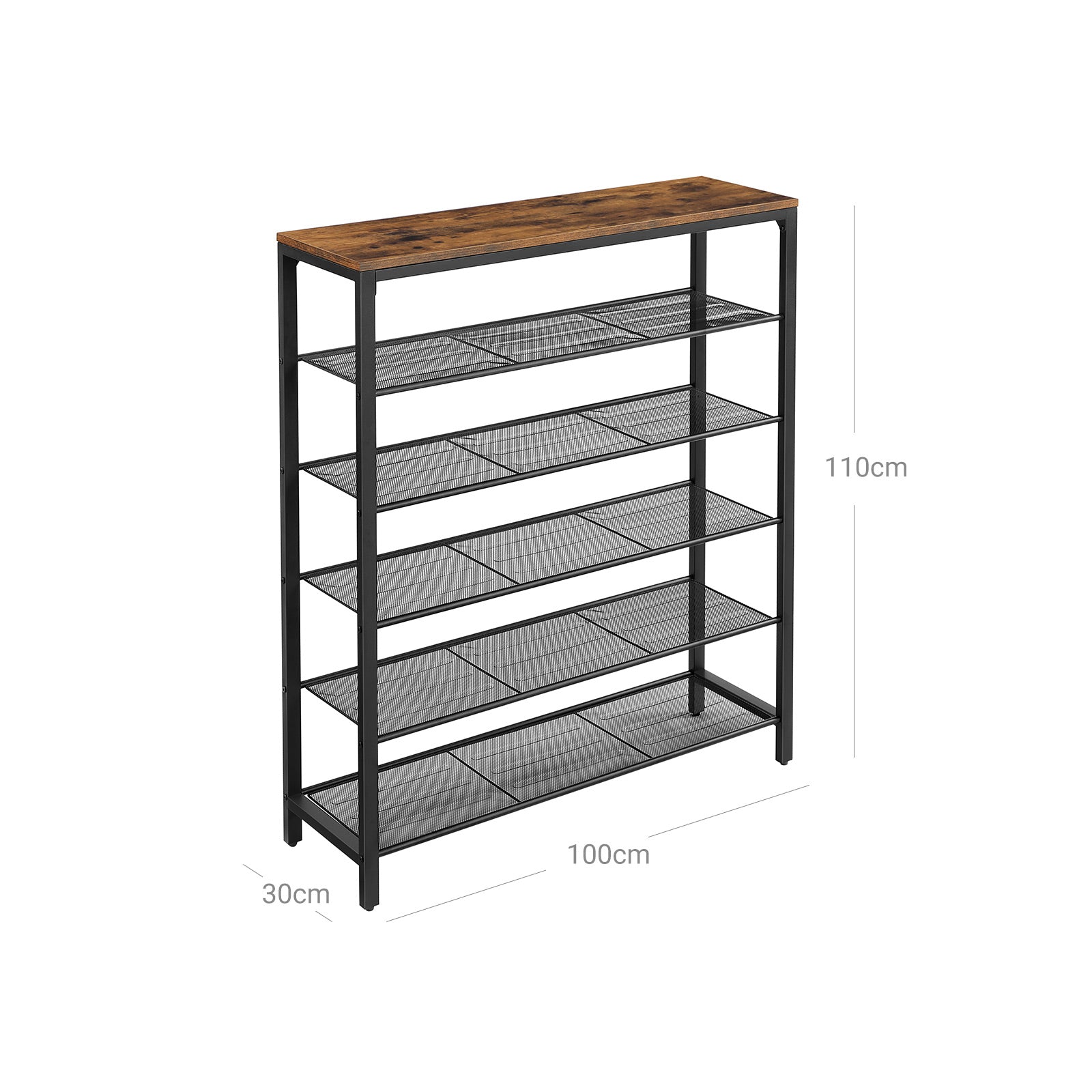Shoe Organizer - Steel - Rustic Brown and Black - 5 Mesh Shelves with Large Surface