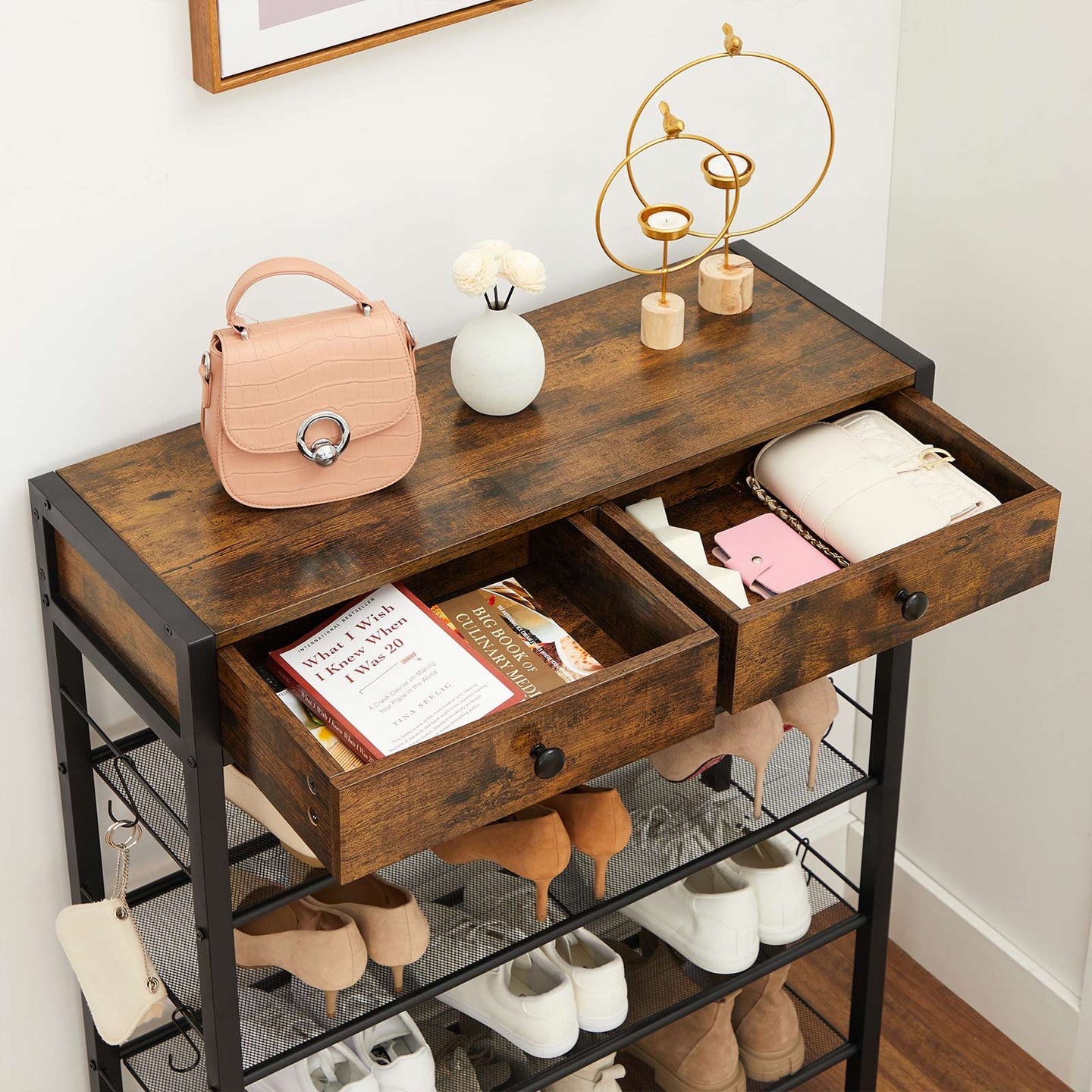 Shoe Rack - Wood - Rustic Brown and Black - 2 Drawers and 4 Shelves