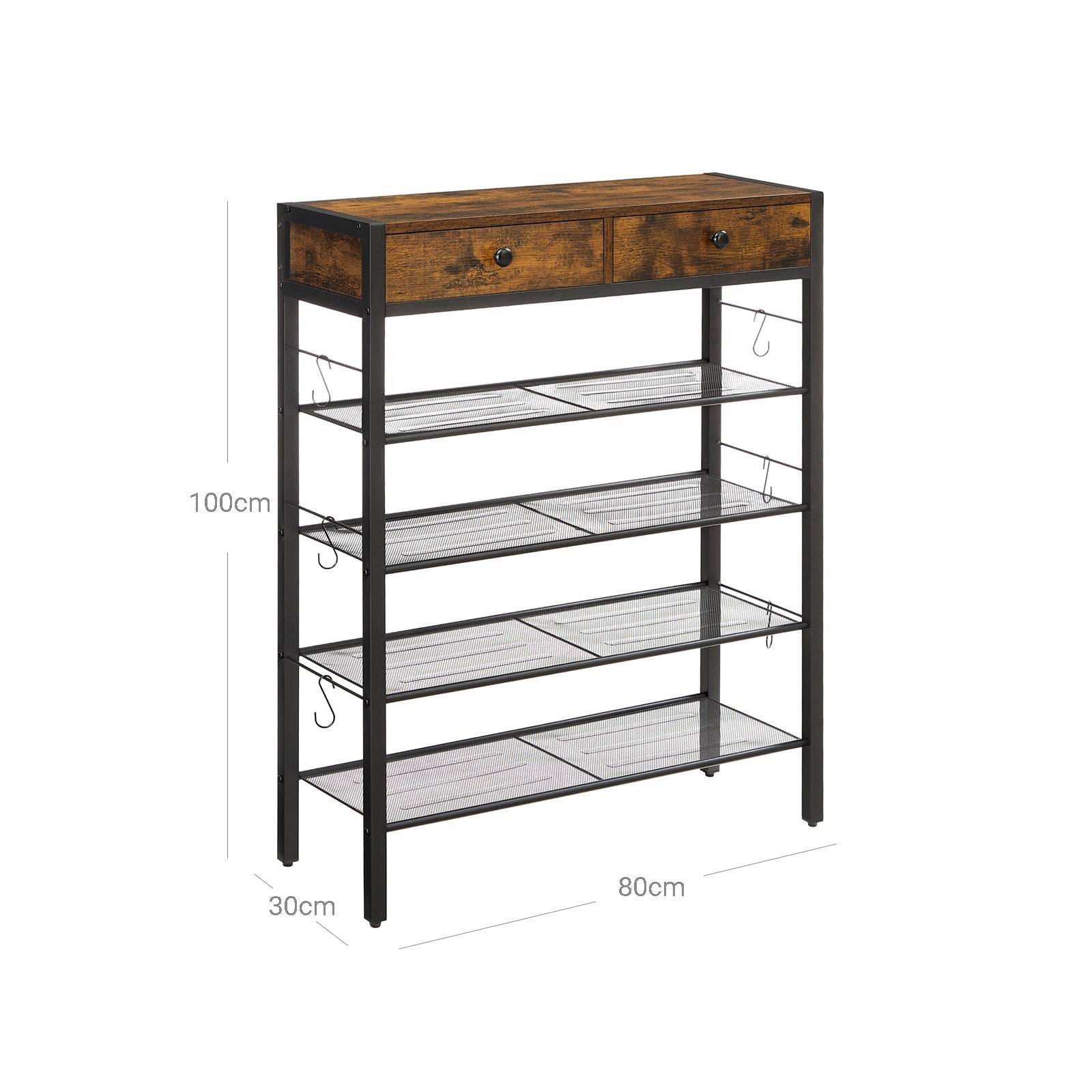 Shoe Rack - Wood - Rustic Brown and Black - 2 Drawers and 4 Shelves