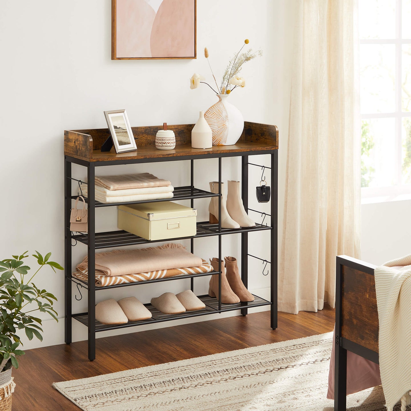 Shoe Storage Rack - Holds Up to 14 Pairs - Metal Frame - Rustic Brown and Black
