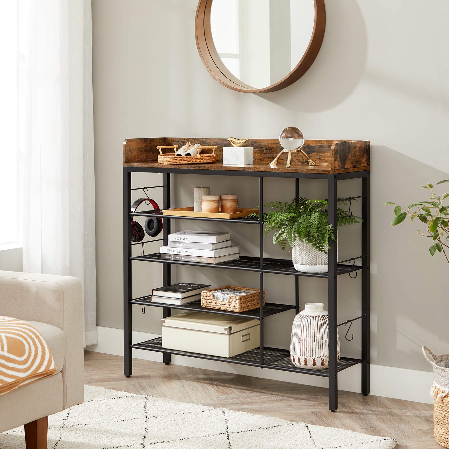 Shoe Storage Rack - Holds Up to 14 Pairs - Metal Frame - Rustic Brown and Black