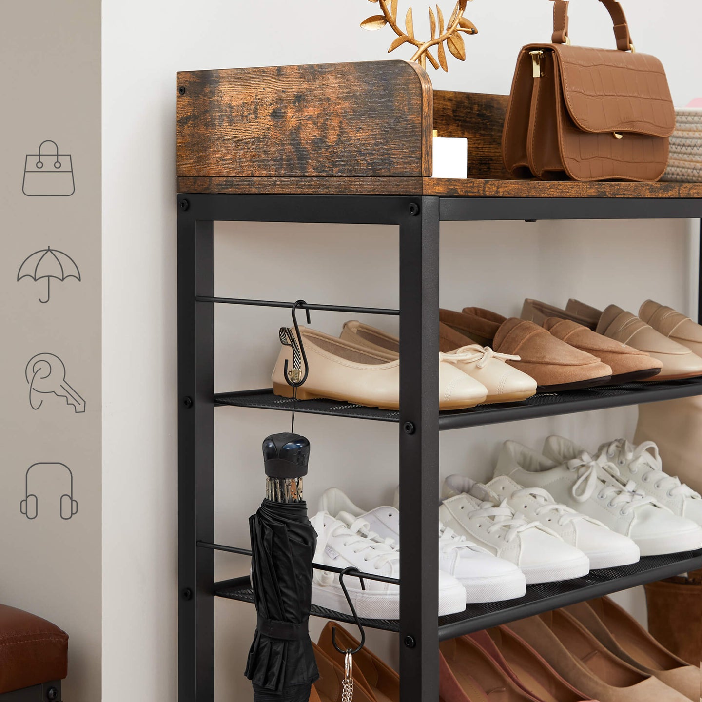 Shoe Storage Rack - Holds Up to 14 Pairs - Metal Frame - Rustic Brown and Black
