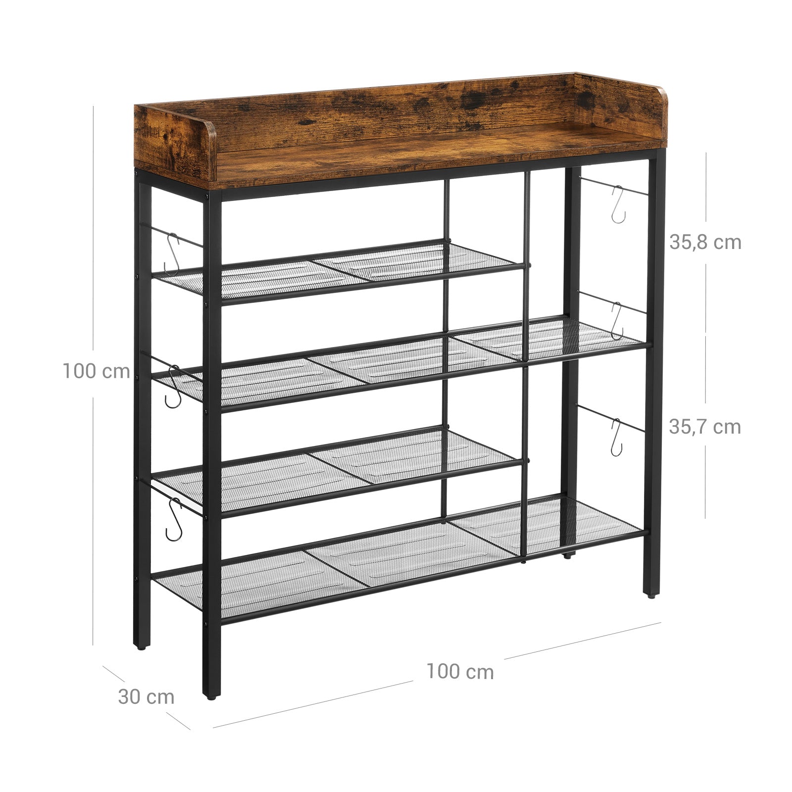 Shoe Storage Rack - Holds Up to 14 Pairs - Metal Frame - Rustic Brown and Black