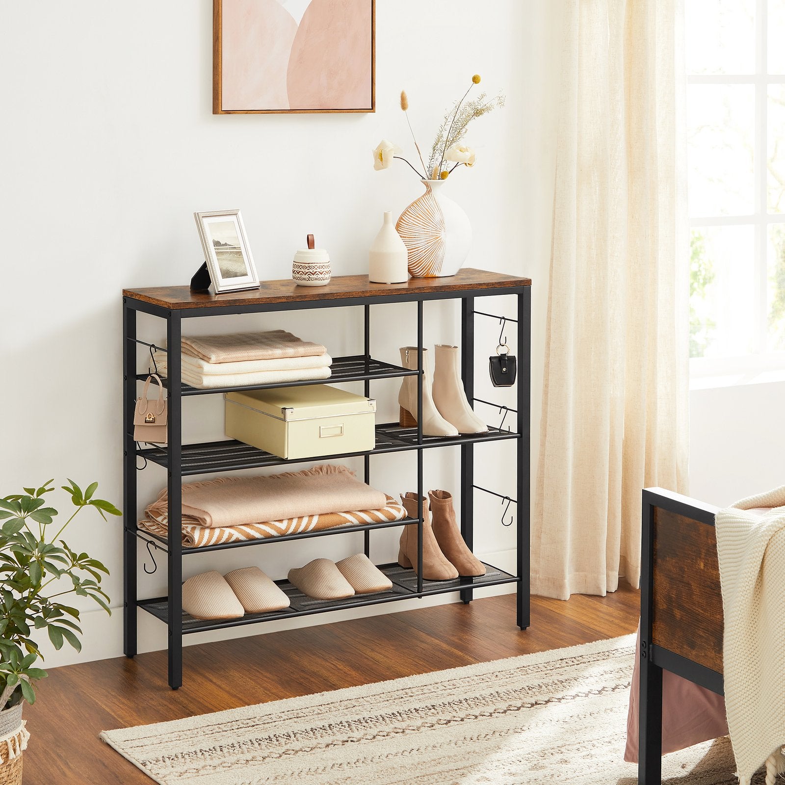 Shoe Rack - Holds Up to 14 Pairs - Wood - Rustic Brown and Black