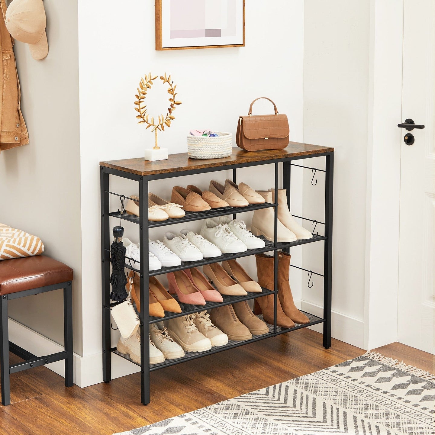 Shoe Rack - Holds Up to 14 Pairs - Wood - Rustic Brown and Black