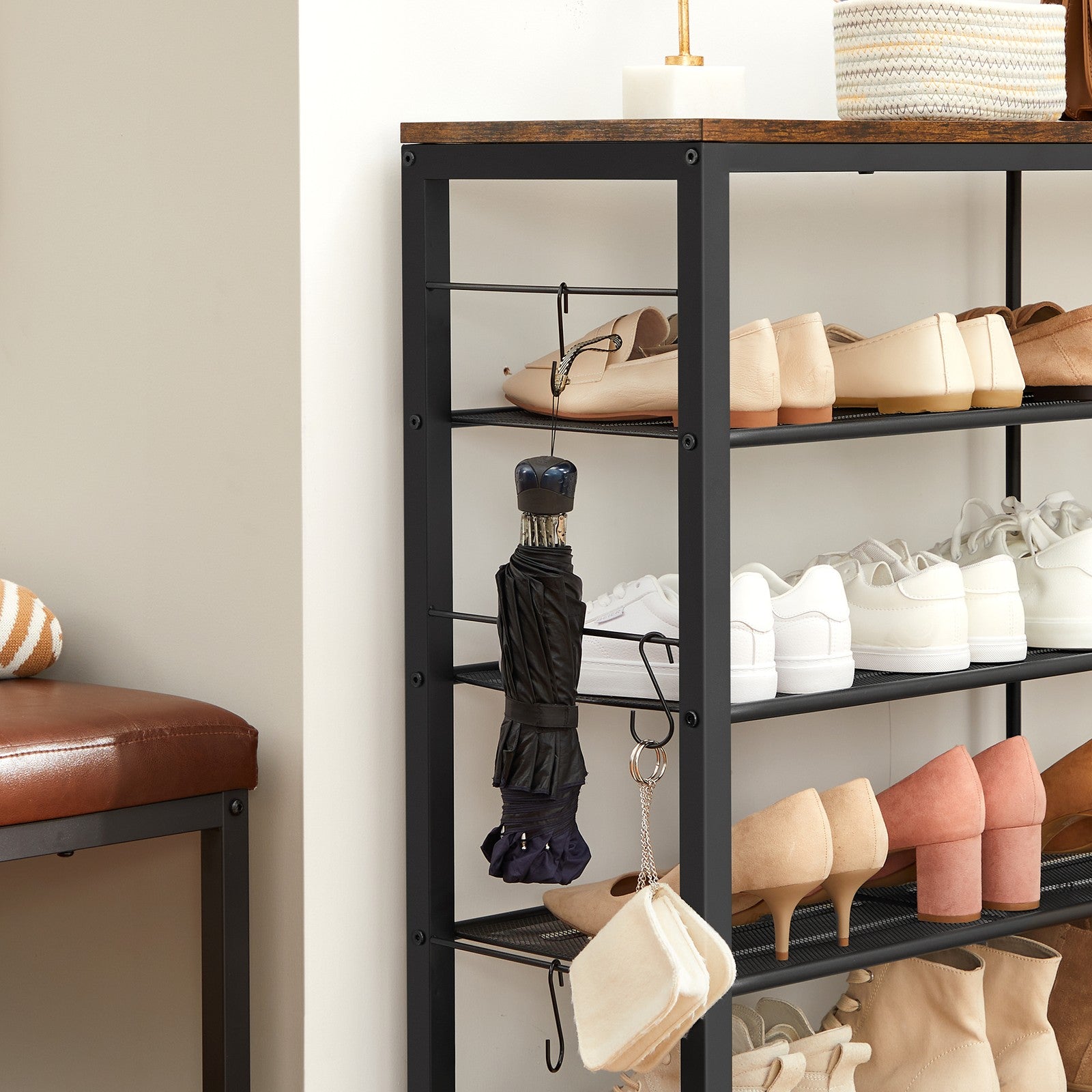 Shoe Rack - Holds Up to 14 Pairs - Wood - Rustic Brown and Black