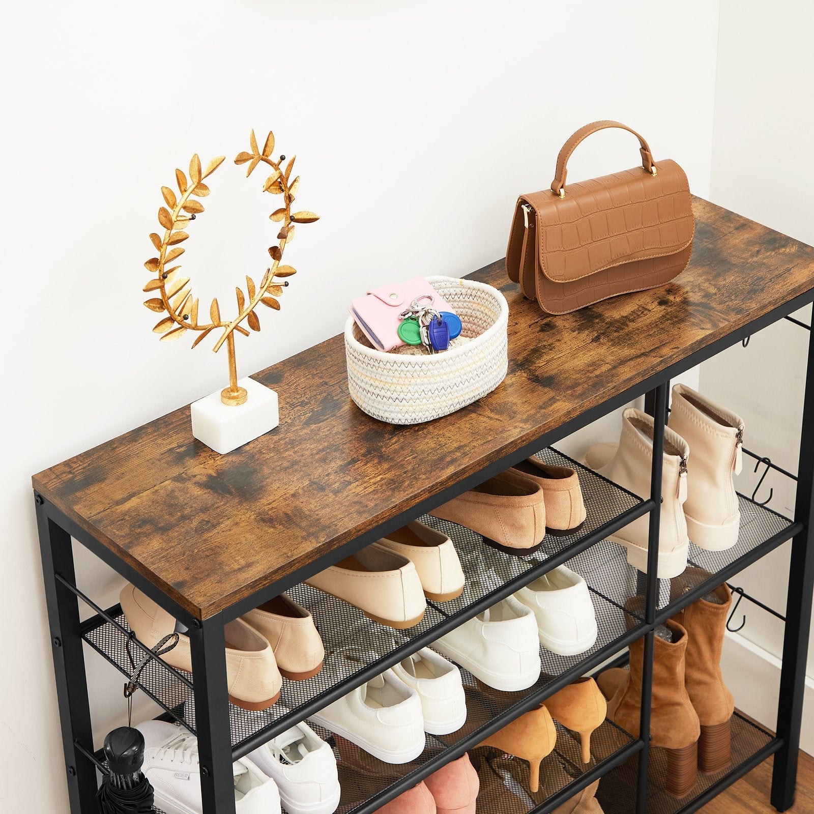 Shoe Rack - Holds Up to 14 Pairs - Wood - Rustic Brown and Black
