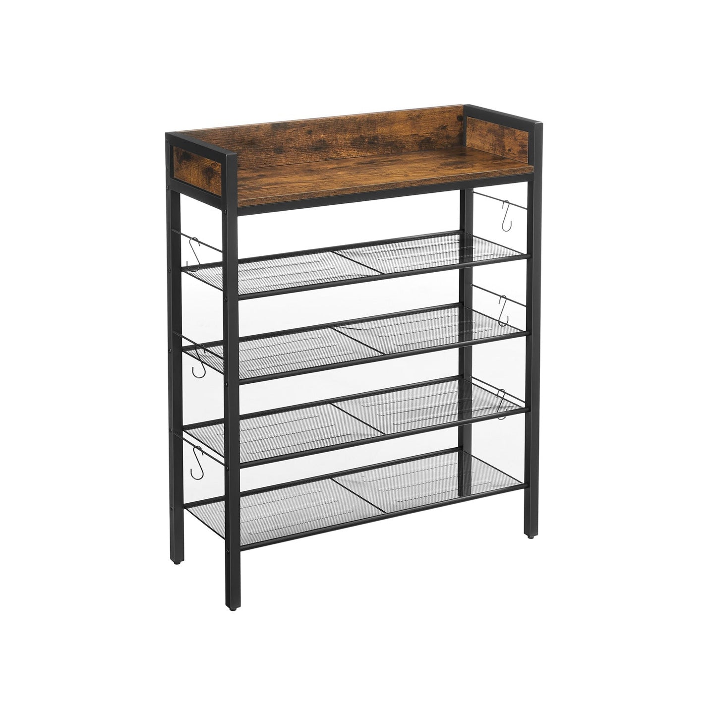 Shoe Rack - Metal - Rustic Brown and Black - 4 Mesh Shelves with Raised Edge and Hooks