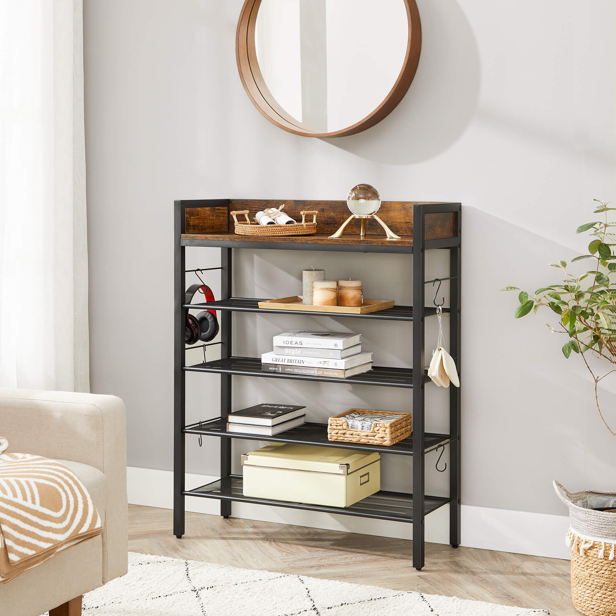 Shoe Rack - Metal - Rustic Brown and Black - 4 Mesh Shelves with Raised Edge and Hooks