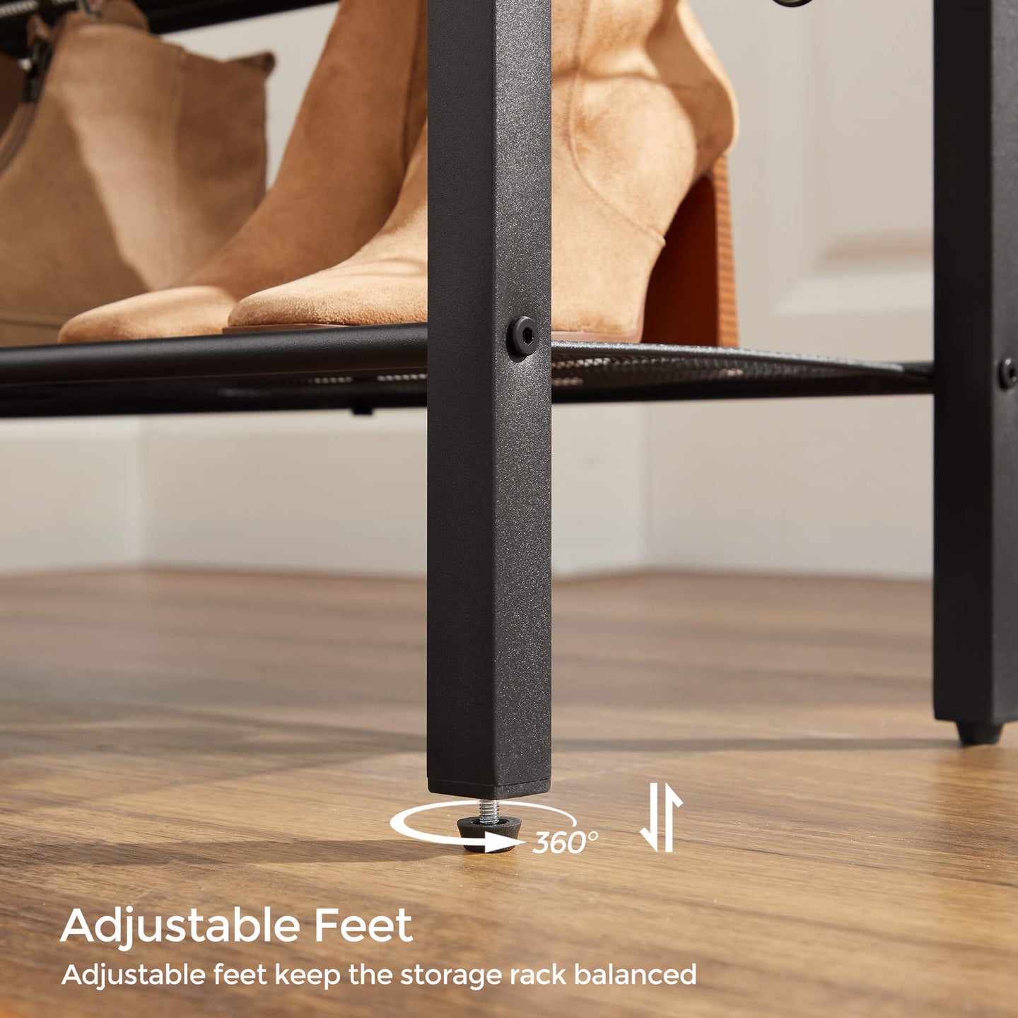 Shoe Rack - Metal - Rustic Brown and Black - 4 Mesh Shelves with Raised Edge and Hooks