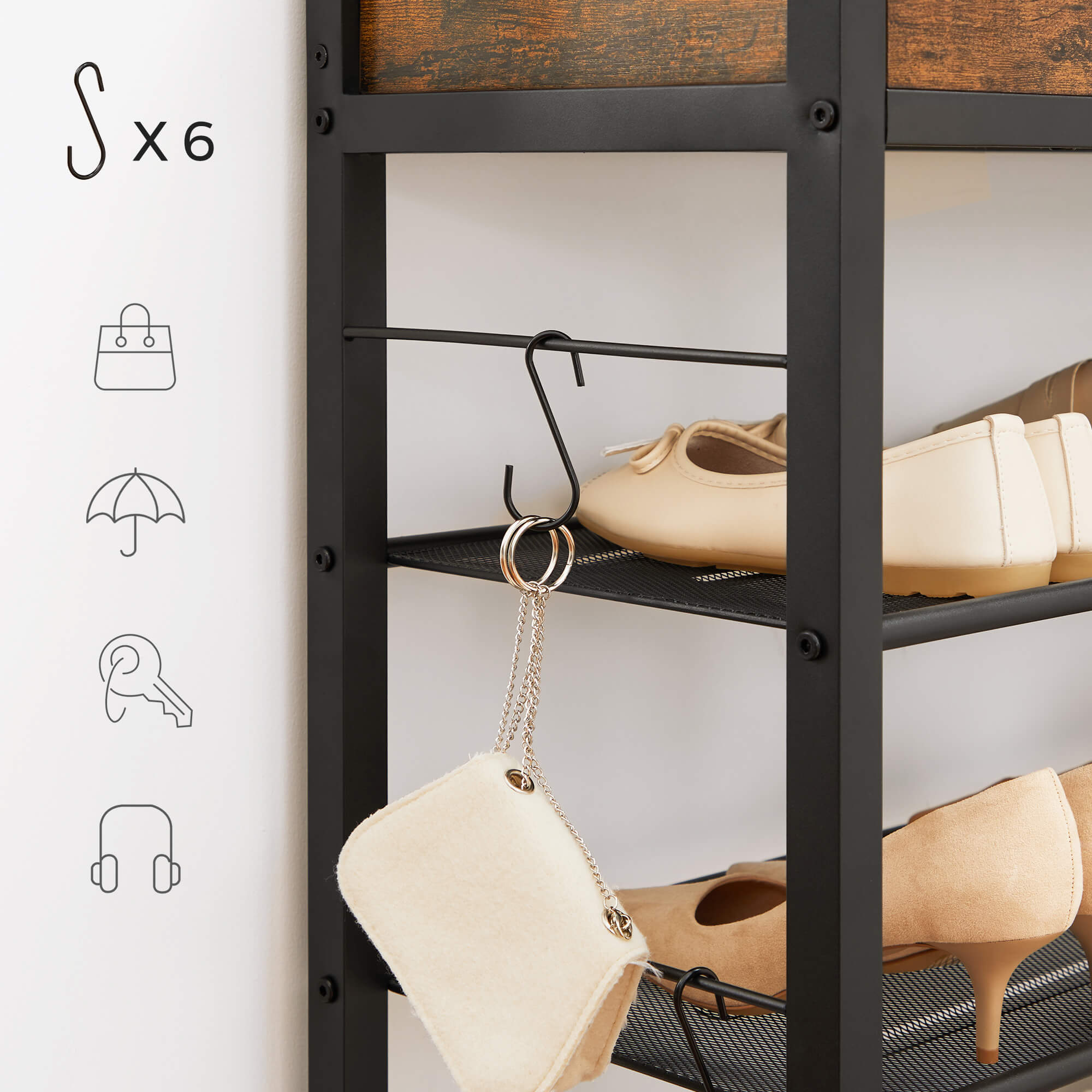 Shoe Rack - Metal - Rustic Brown and Black - 4 Mesh Shelves with Raised Edge and Hooks