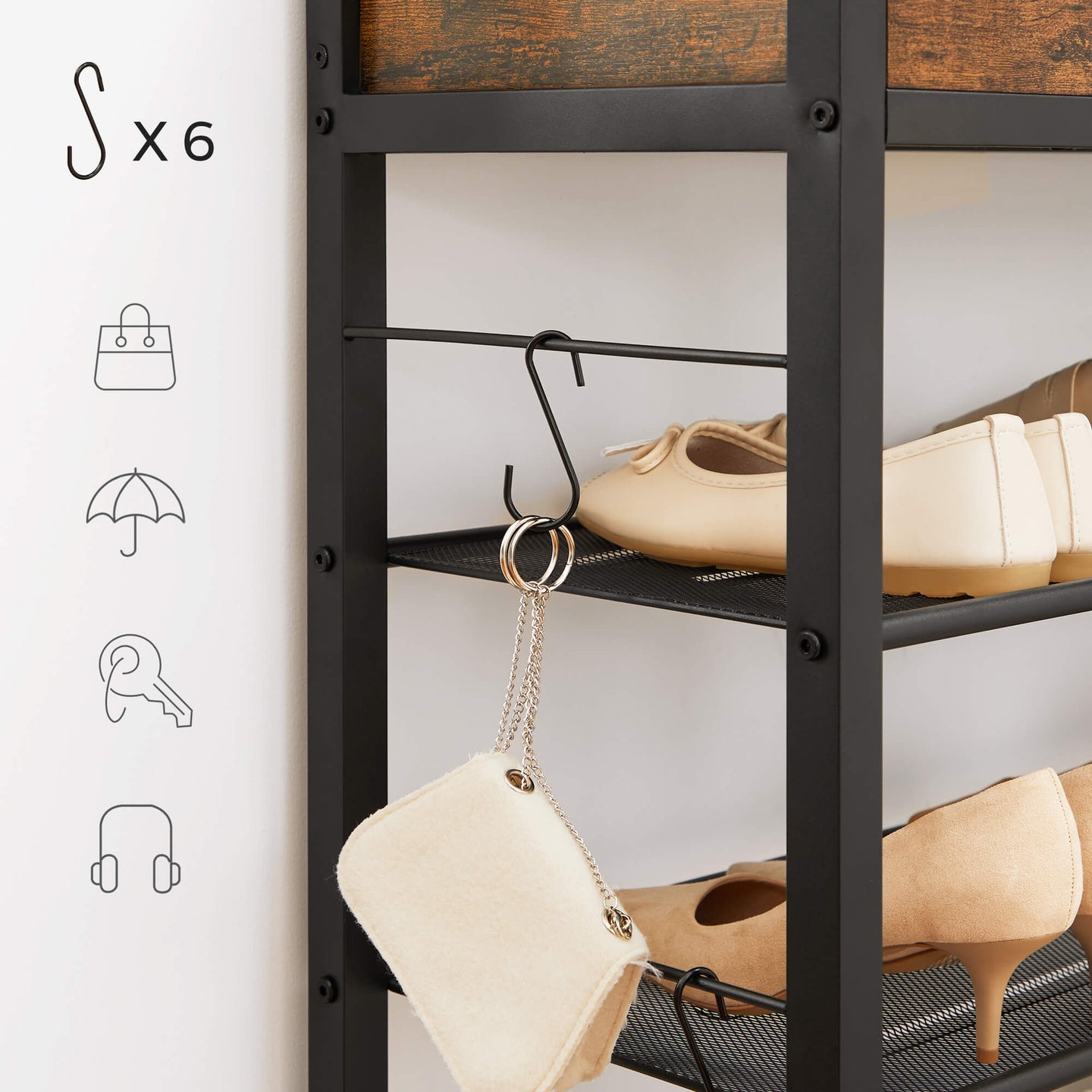 Shoe Rack - Metal - Rustic Brown and Black - 4 Mesh Shelves with Raised Edge and Hooks