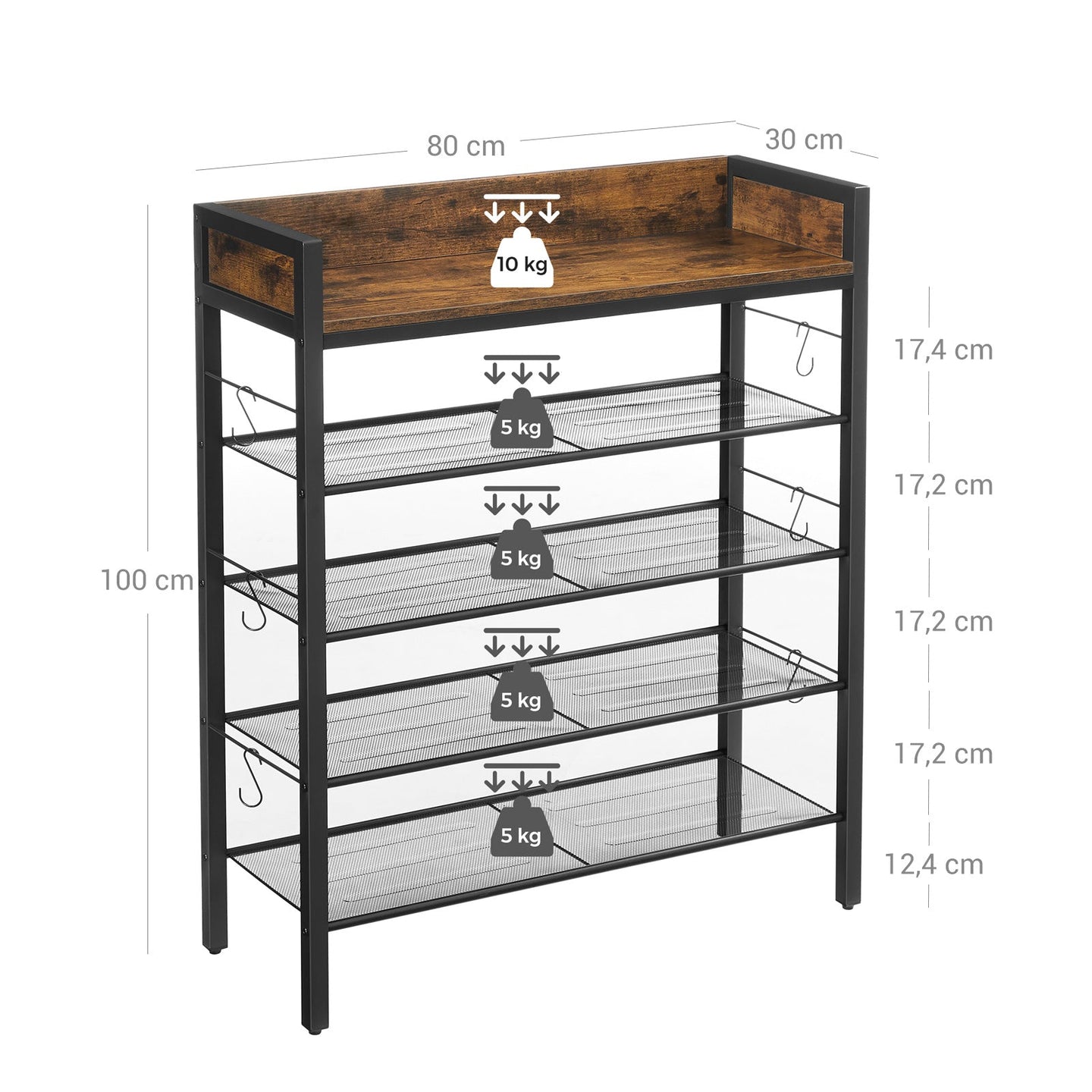 Shoe Rack - Metal - Rustic Brown and Black - 4 Mesh Shelves with Raised Edge and Hooks