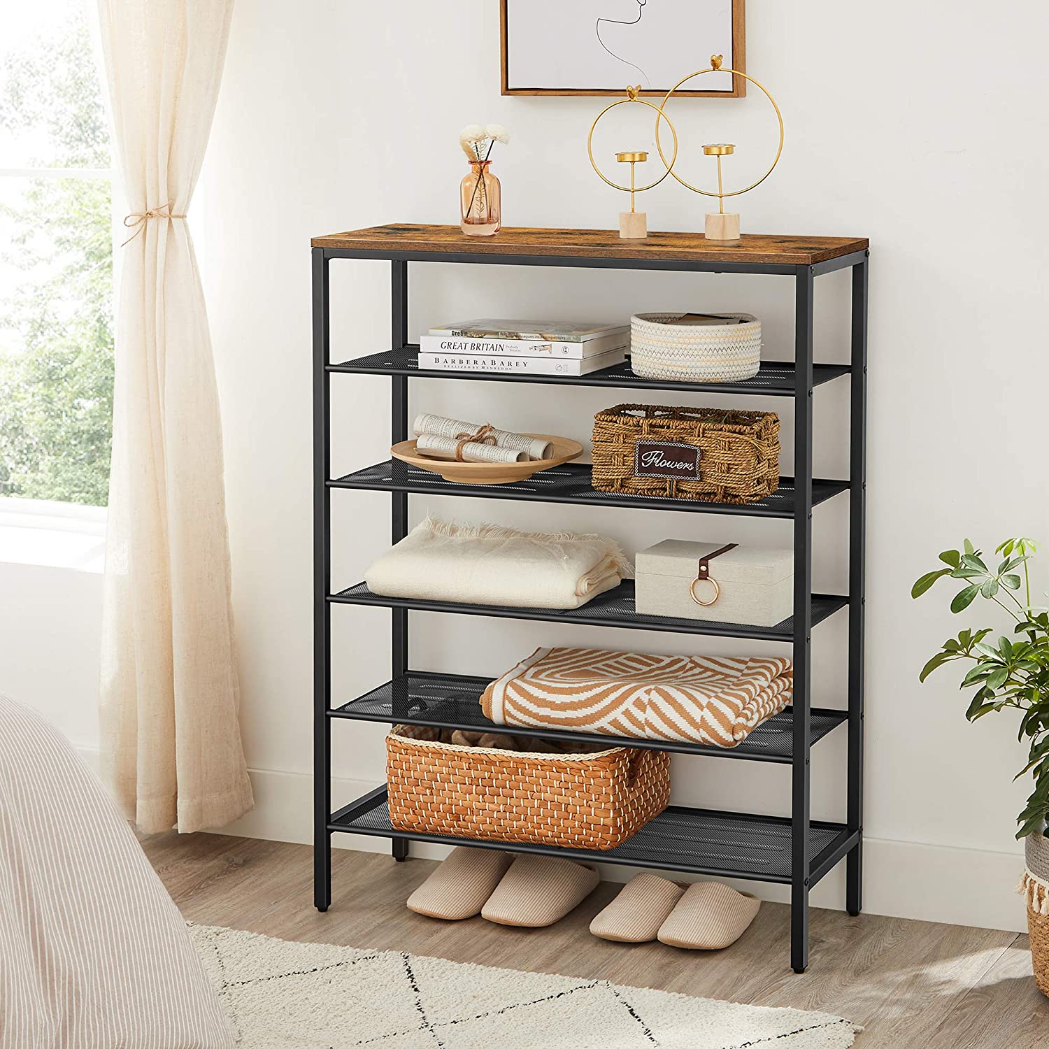 Shoe Rack - Steel - Rustic Brown and Black - 6-Tier Mesh Shelves for 15 Pairs
