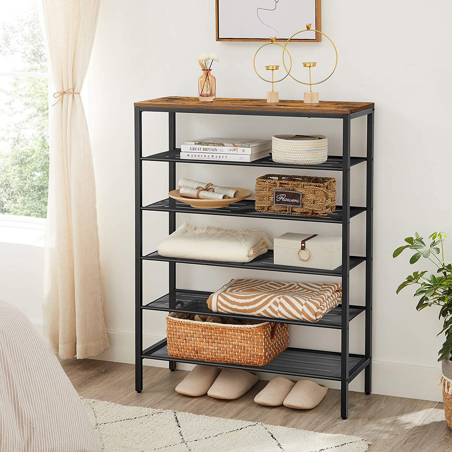Shoe Rack - Steel - Rustic Brown and Black - 6-Tier Mesh Shelves for 15 Pairs