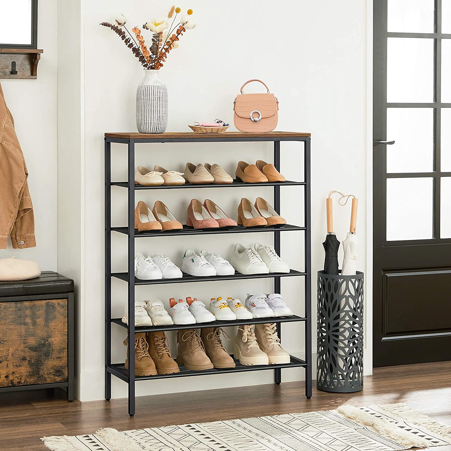 Shoe Rack - Steel - Rustic Brown and Black - 6-Tier Mesh Shelves for 15 Pairs