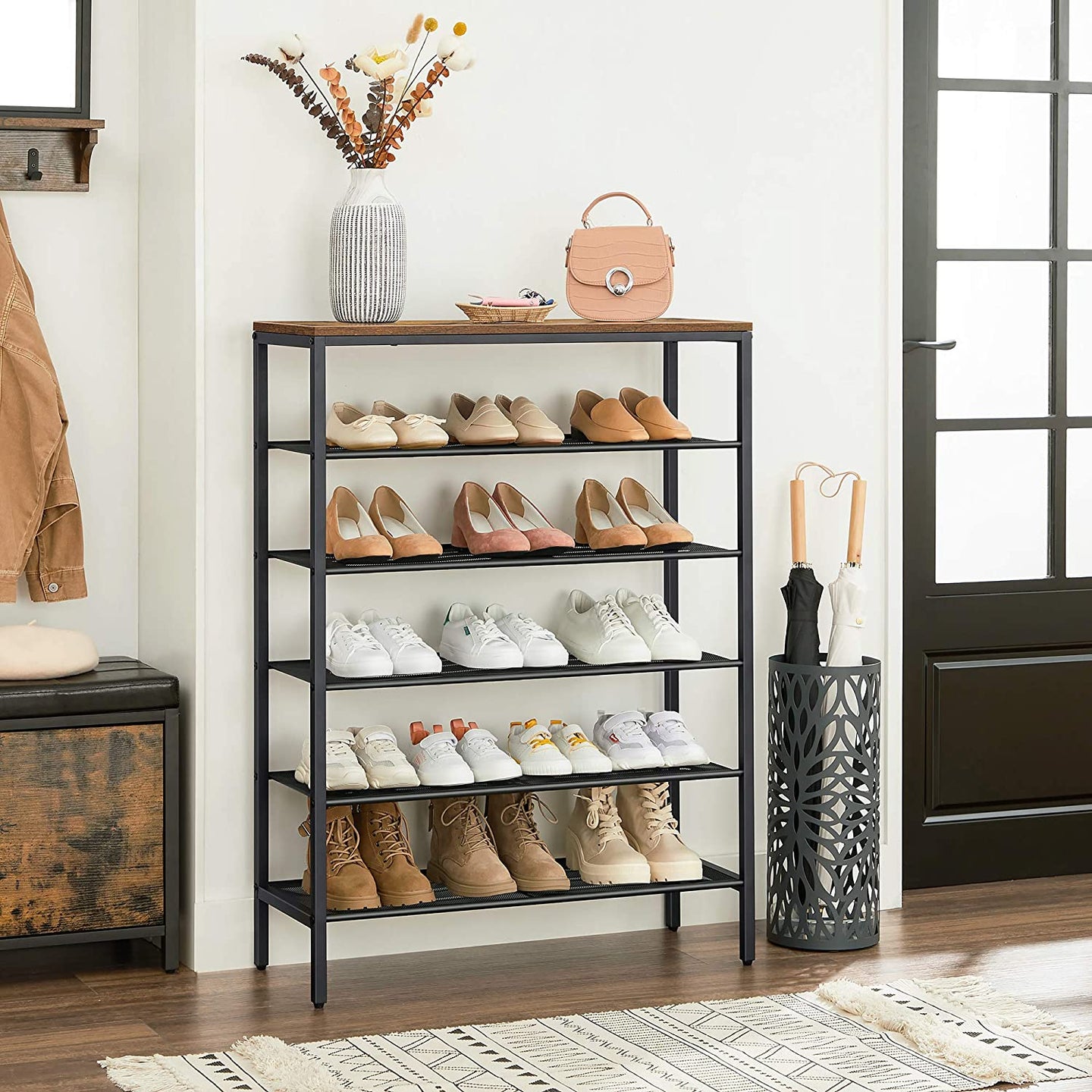 Shoe Rack - Steel - Rustic Brown and Black - 6-Tier Mesh Shelves for 15 Pairs