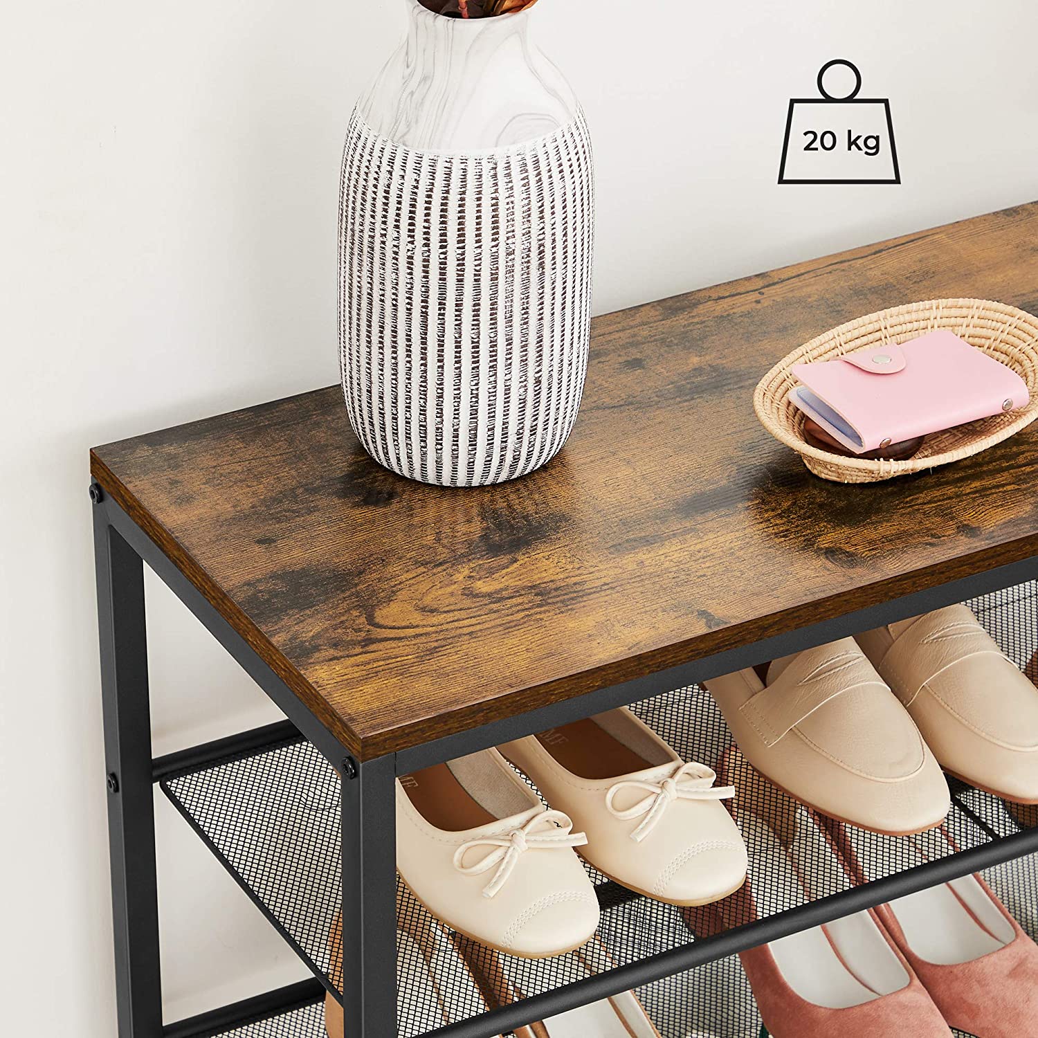 Shoe Rack - Steel - Rustic Brown and Black - 6-Tier Mesh Shelves for 15 Pairs