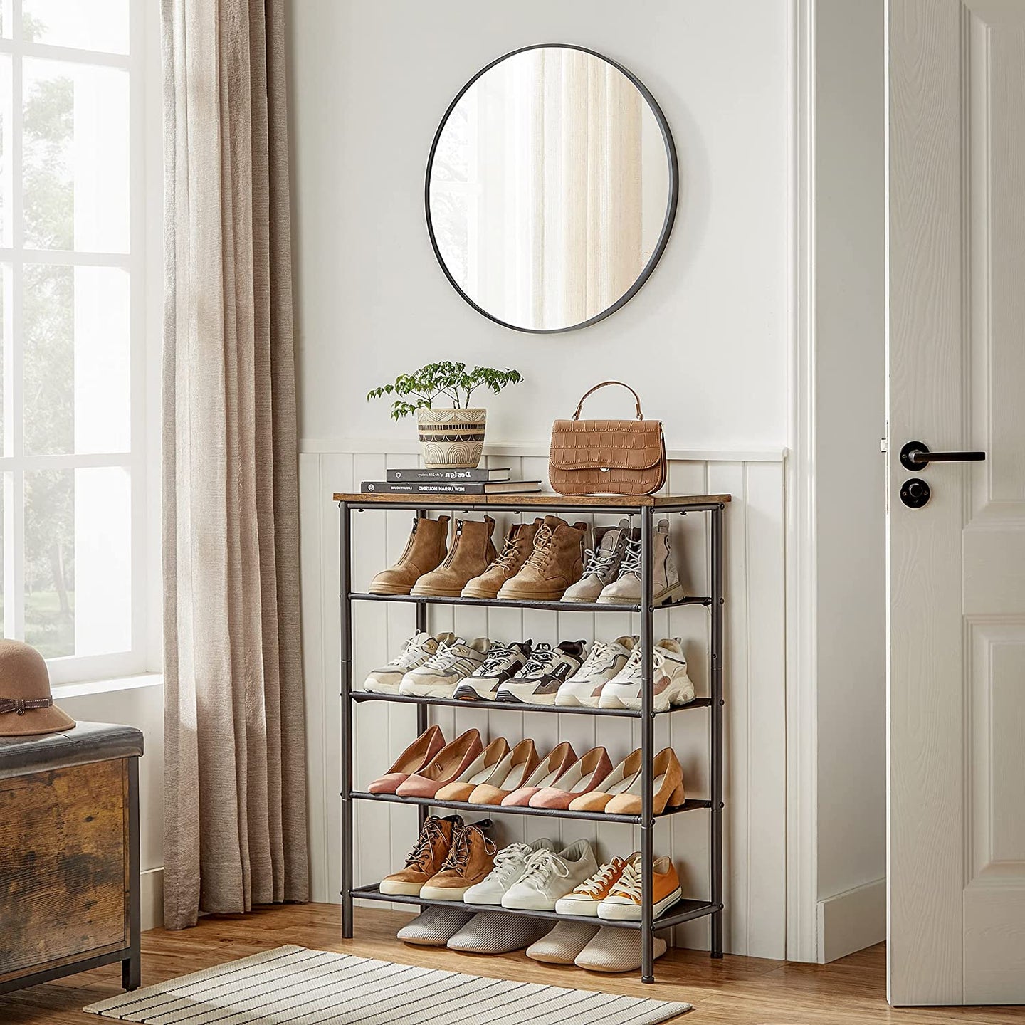 Industrial Shoe Rack - Steel - Rustic Brown and Black - 5 Tiers with Top Storage for Bags