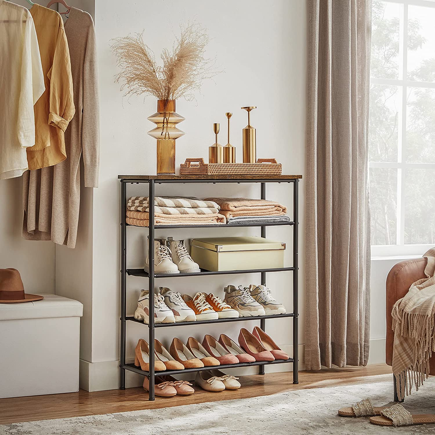 Industrial Shoe Rack - Steel - Rustic Brown and Black - 5 Tiers with Top Storage for Bags