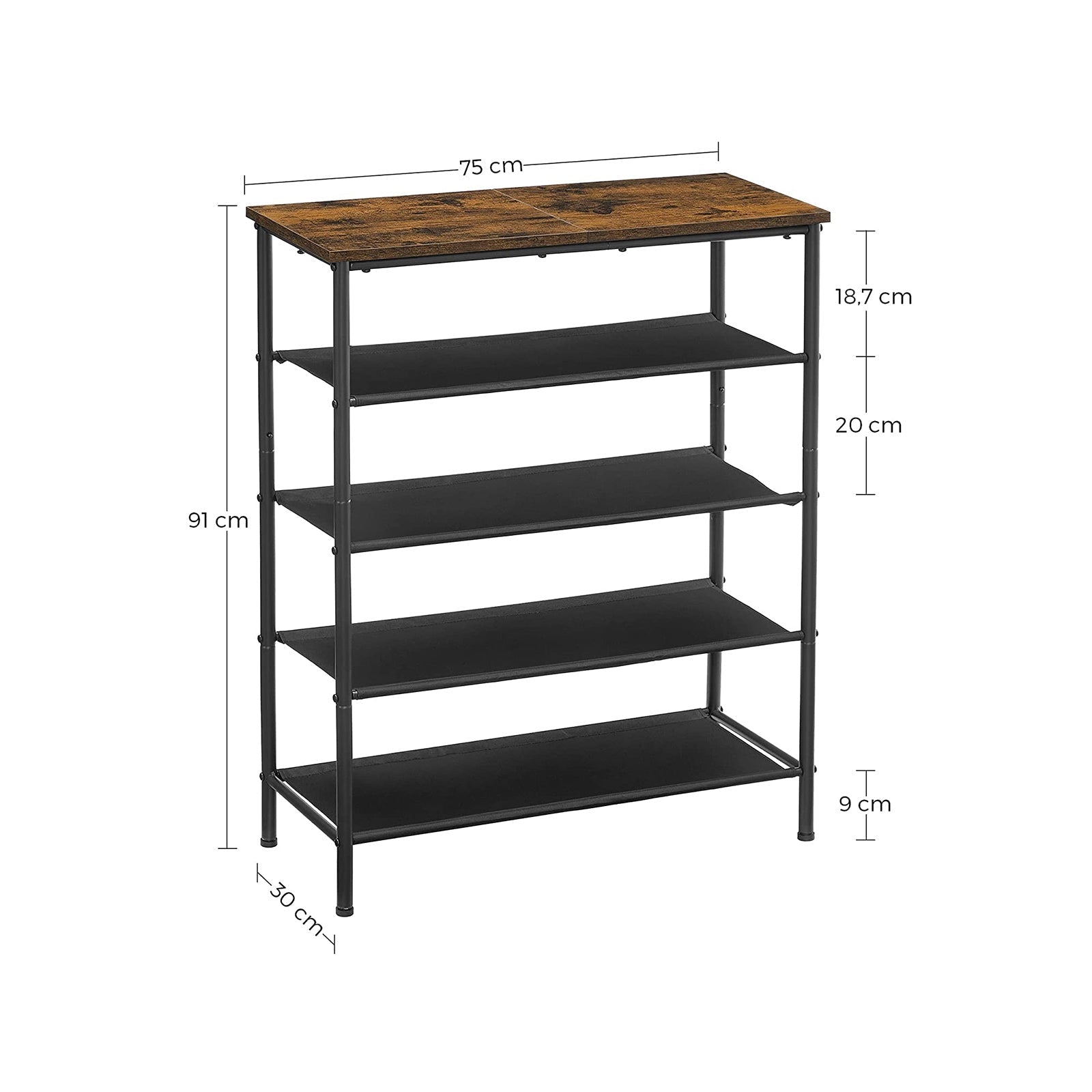 Industrial Shoe Rack - Steel - Rustic Brown and Black - 5 Tiers with Top Storage for Bags