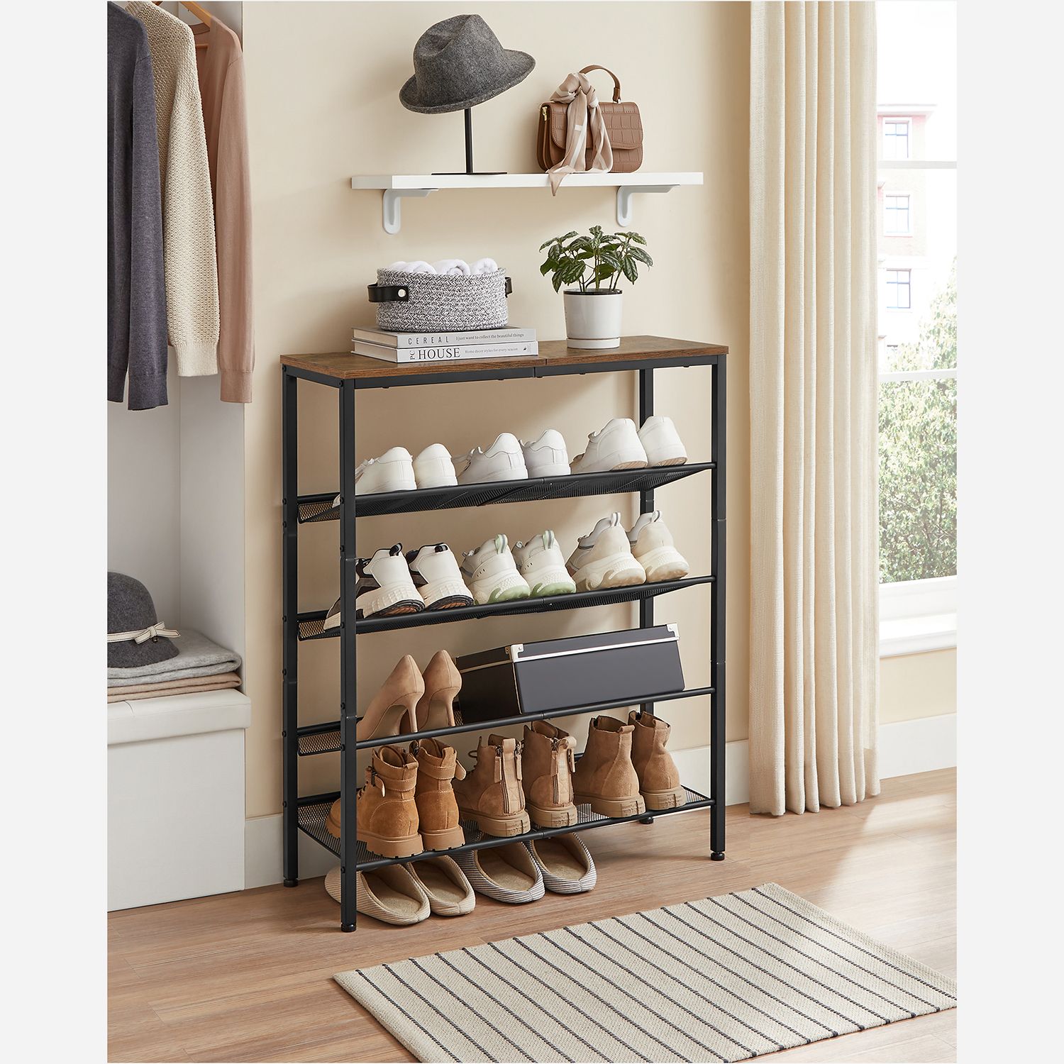 5-Tier Steel Shoe Rack - Space-Saving Design with Mesh Shelves - Rustic Brown & Black