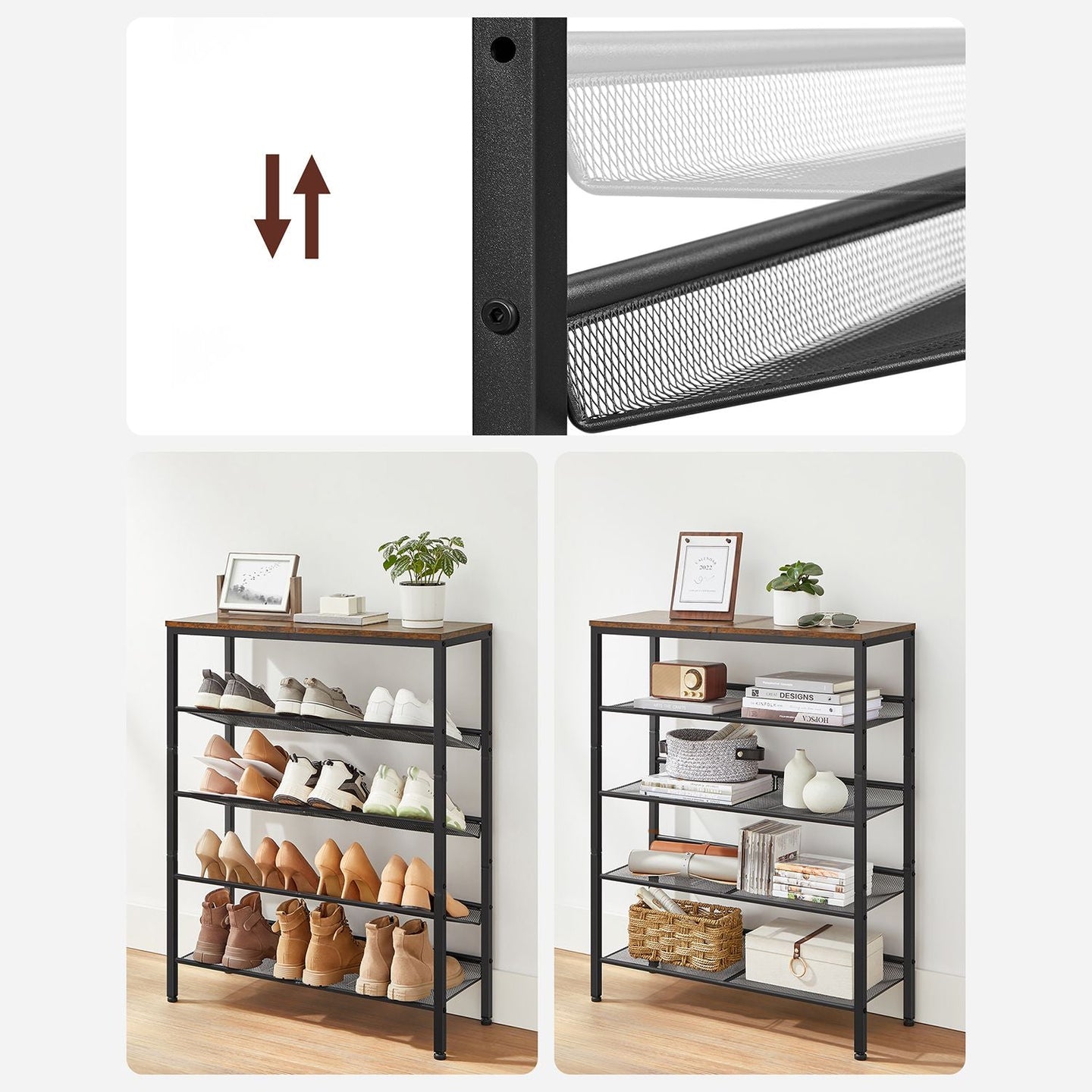 5-Tier Steel Shoe Rack - Space-Saving Design with Mesh Shelves - Rustic Brown & Black