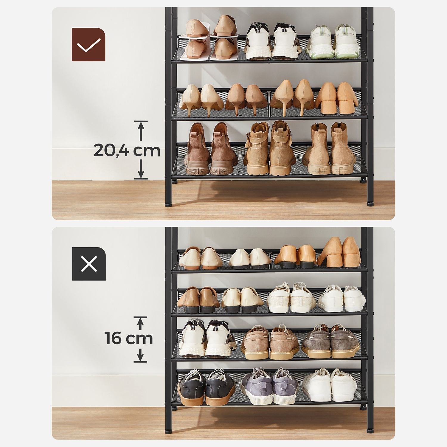 5-Tier Steel Shoe Rack - Space-Saving Design with Mesh Shelves - Rustic Brown & Black