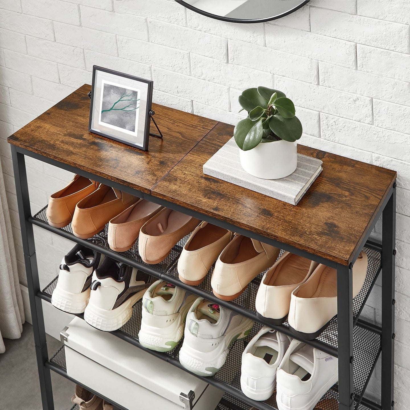 5-Tier Steel Shoe Rack - Space-Saving Design with Mesh Shelves - Rustic Brown & Black