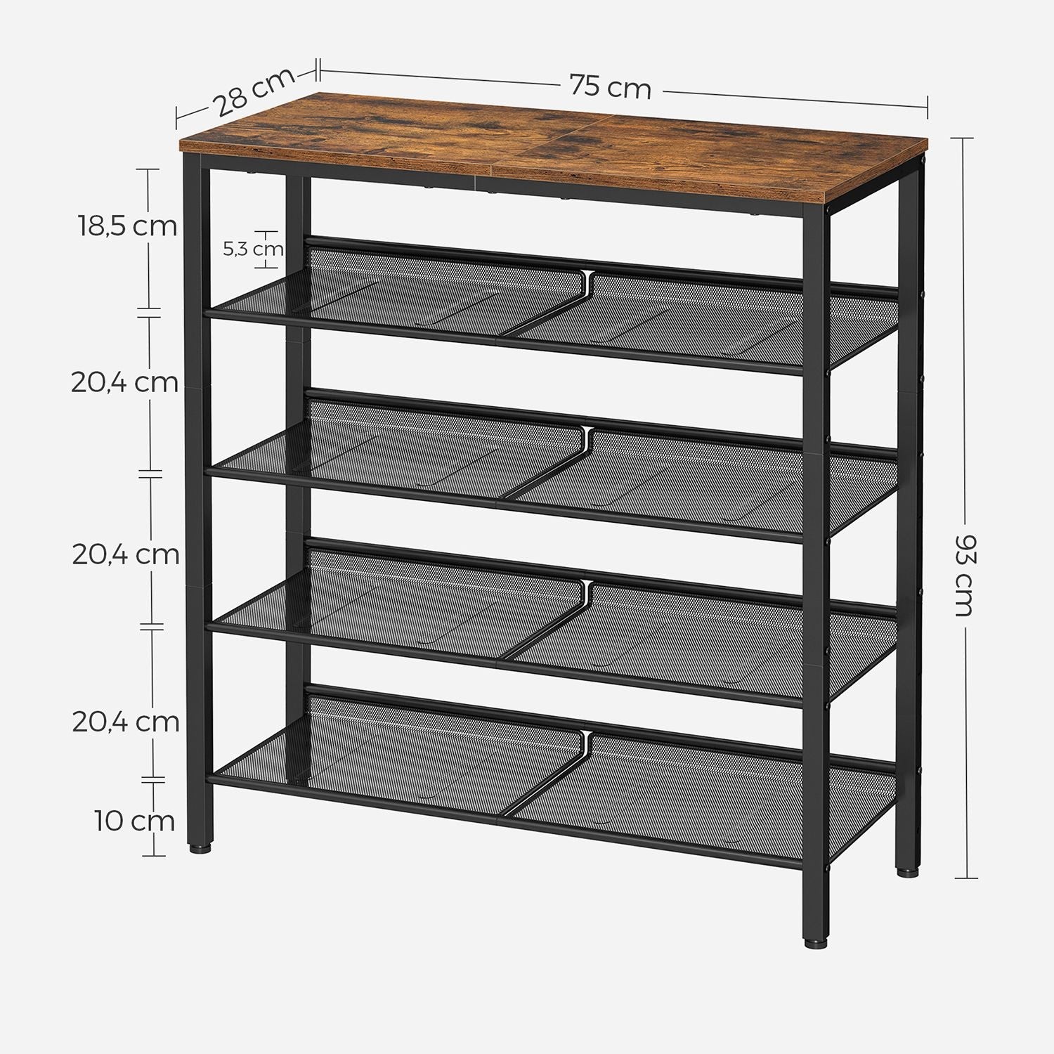 5-Tier Steel Shoe Rack - Space-Saving Design with Mesh Shelves - Rustic Brown & Black
