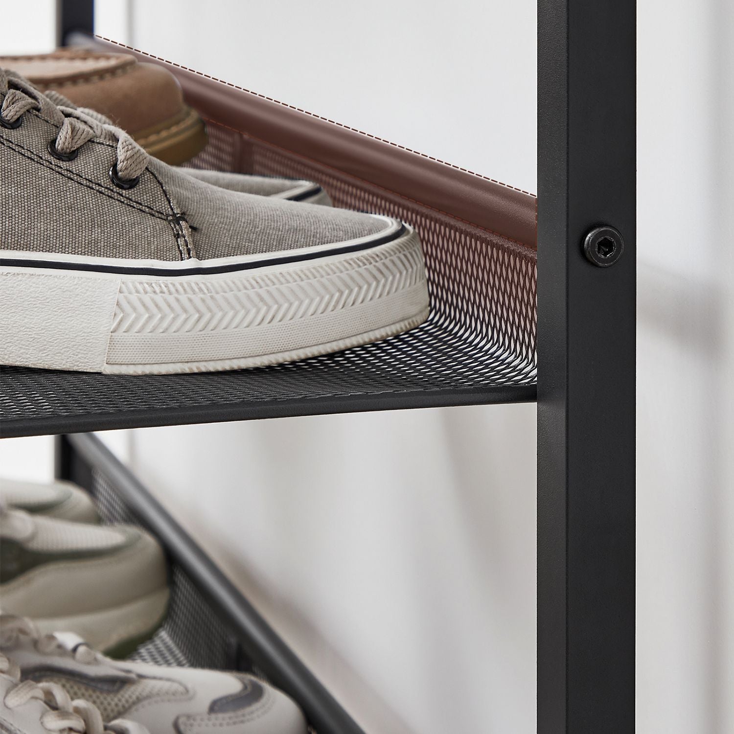 5-Tier Steel Shoe Rack - Space-Saving Design with Mesh Shelves - Rustic Brown & Black