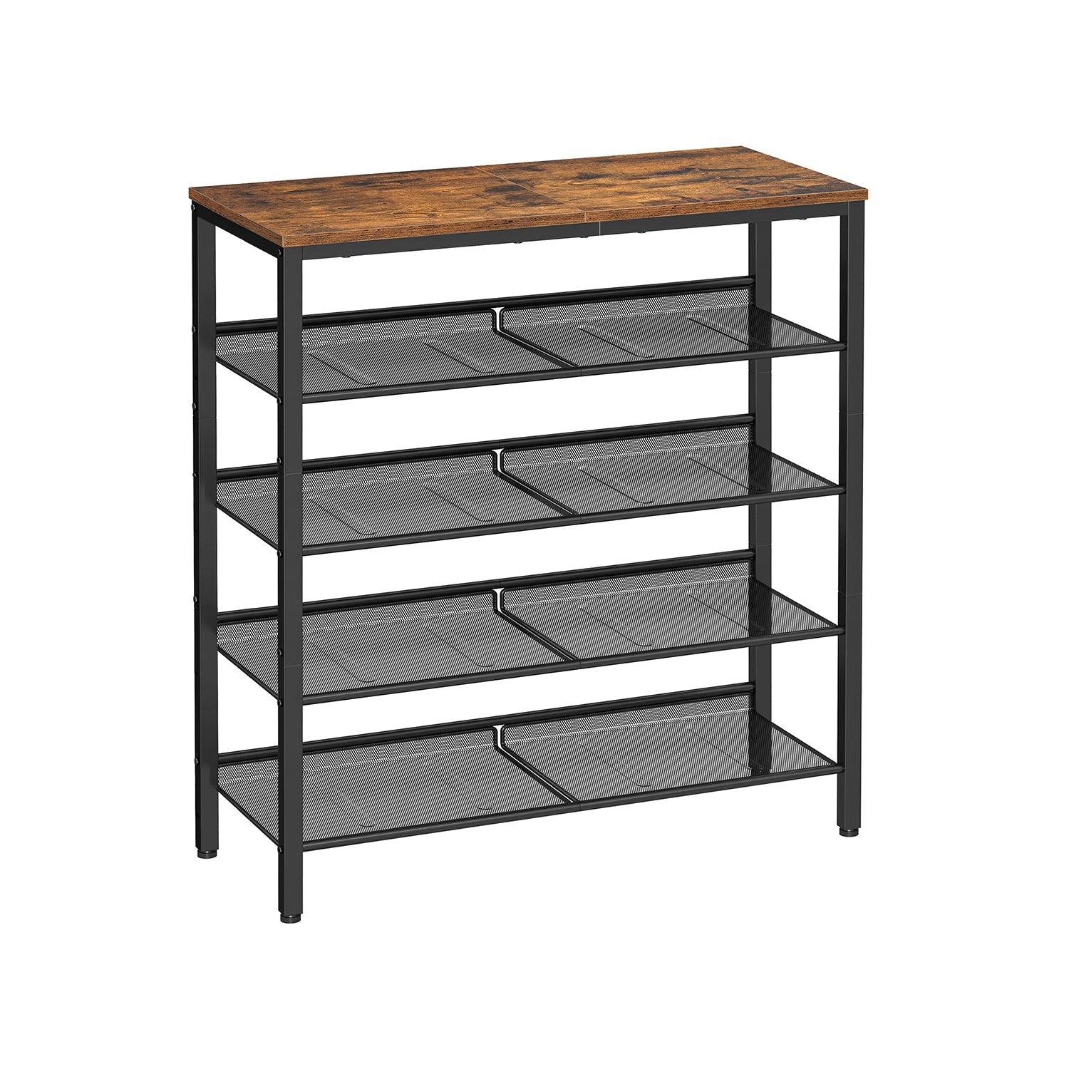 5-Tier Steel Shoe Rack - Space-Saving Design with Mesh Shelves - Rustic Brown & Black