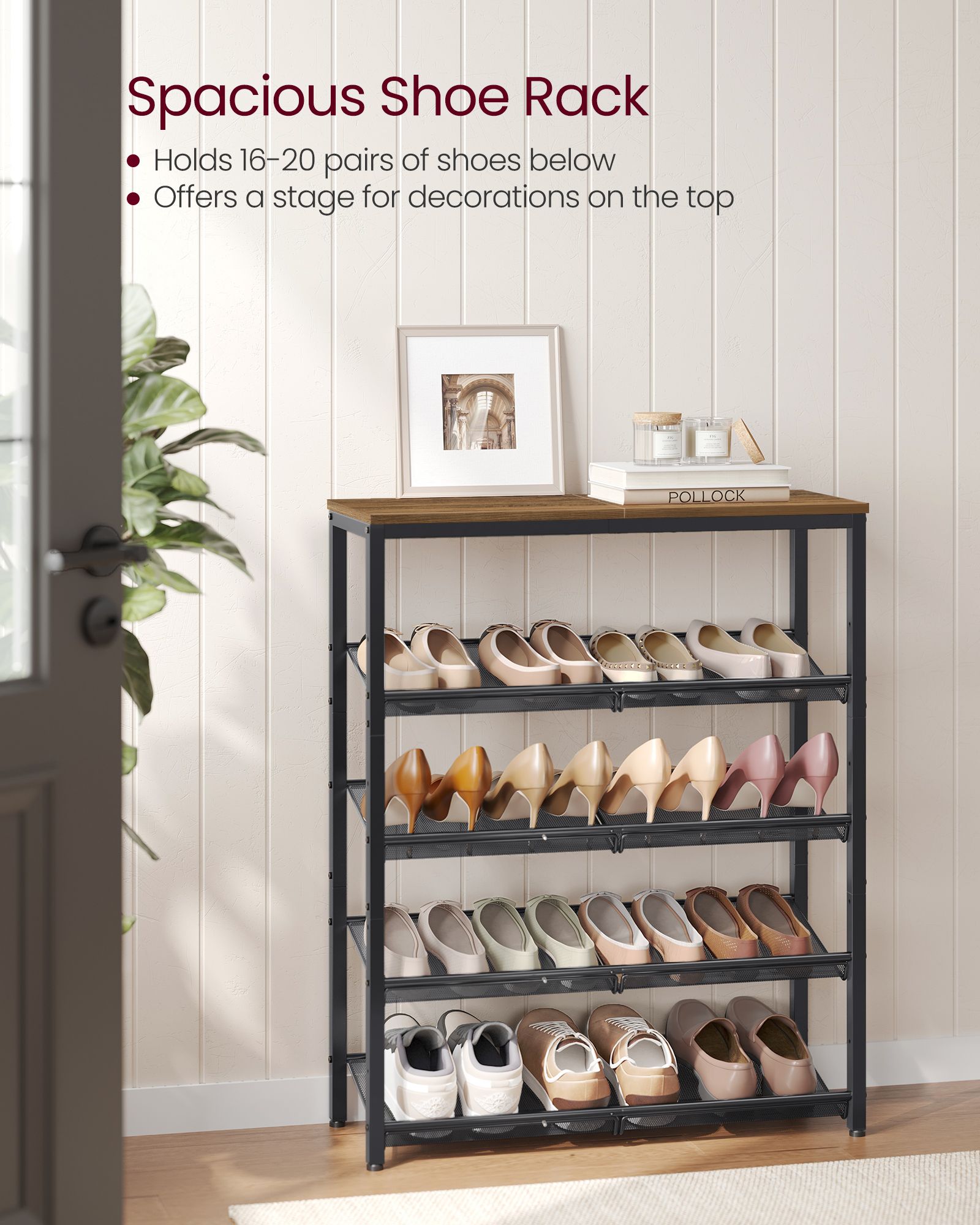 5-Tier Shoe Rack - Steel - Honey Brown - High Storage with Mesh Shelves and Large Top for Bags