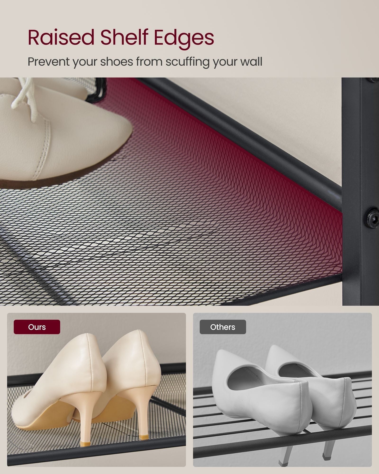 5-Tier Shoe Rack - Steel - Honey Brown - High Storage with Mesh Shelves and Large Top for Bags