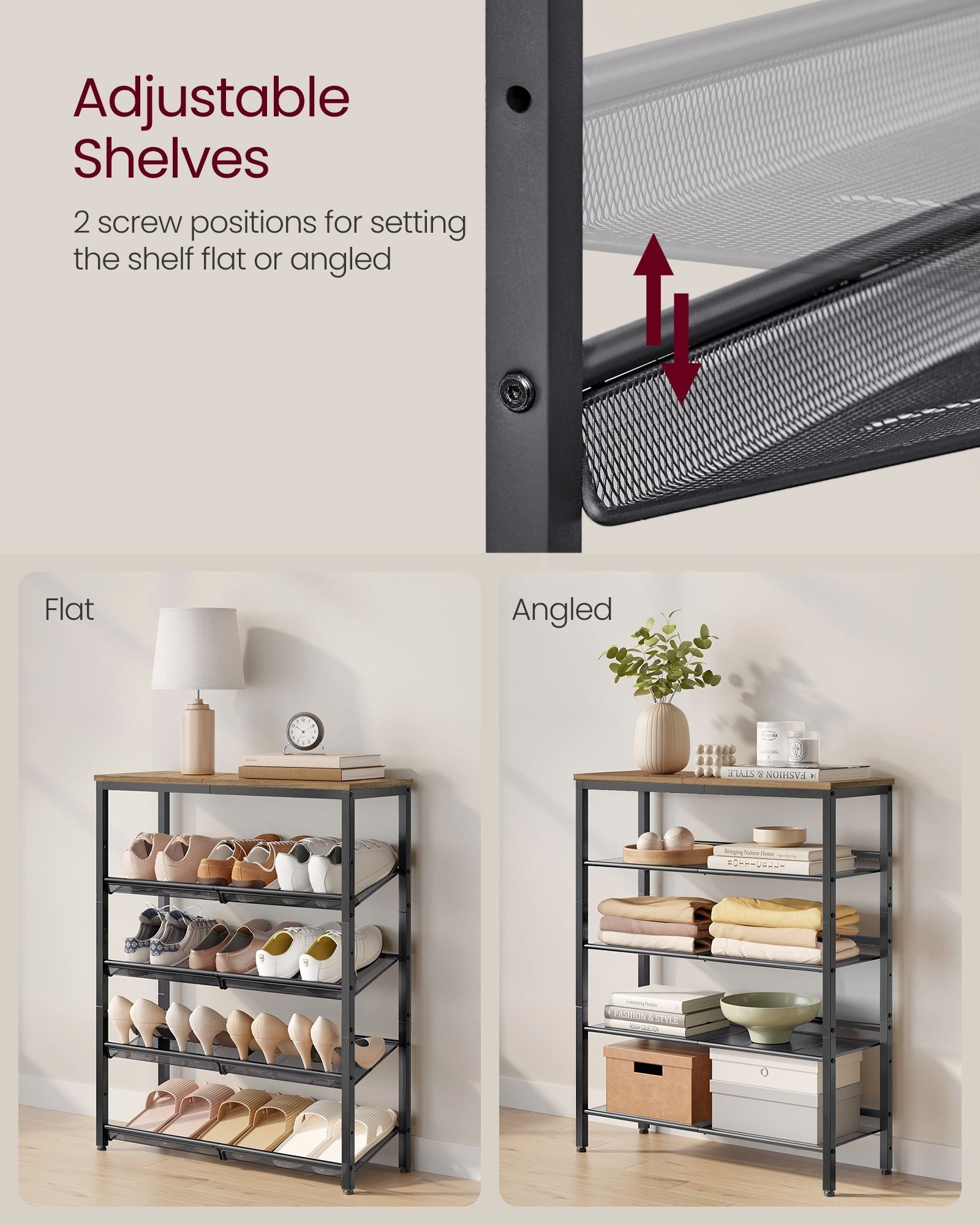 5-Tier Shoe Rack - Steel - Honey Brown - High Storage with Mesh Shelves and Large Top for Bags