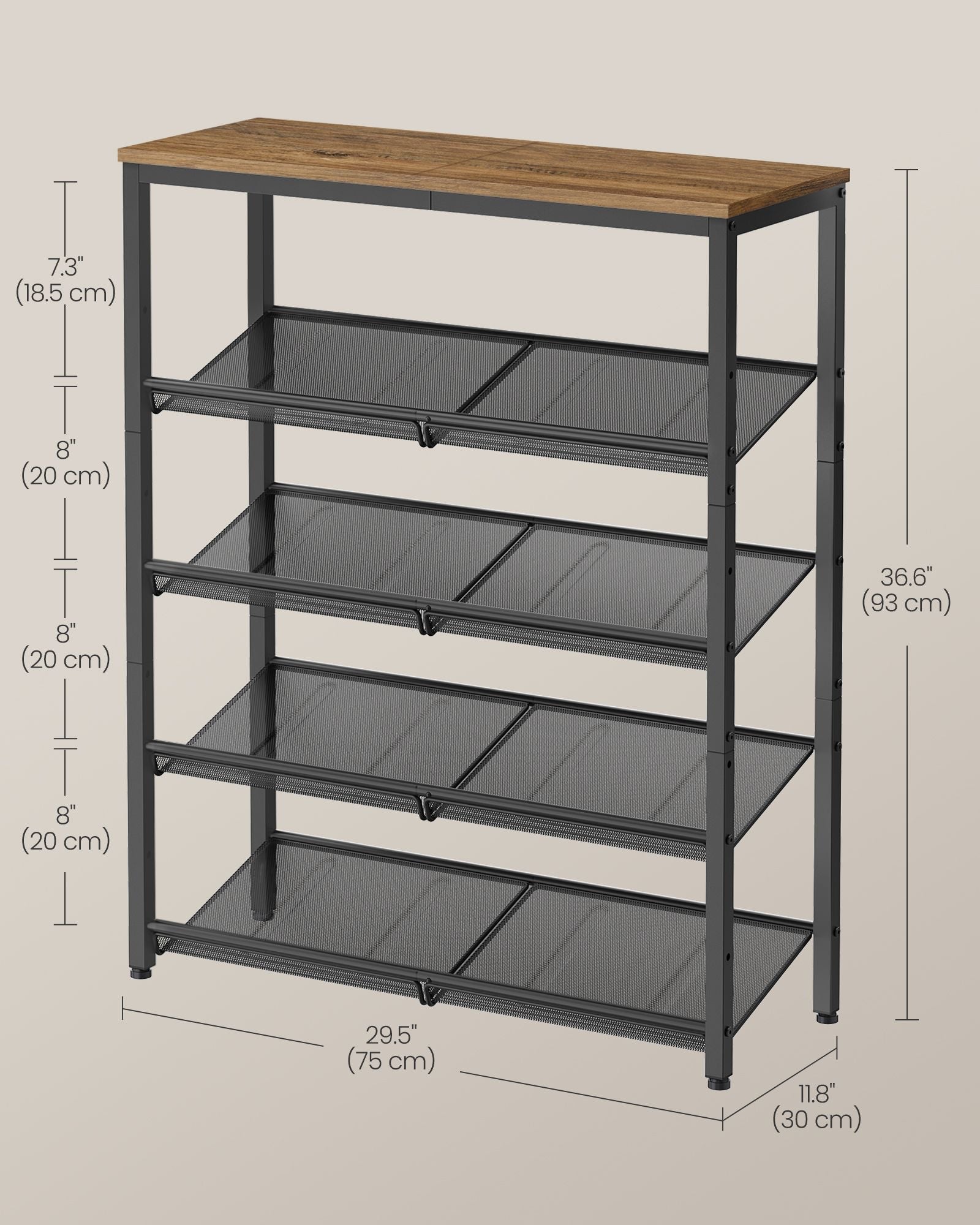 5-Tier Shoe Rack - Steel - Honey Brown - High Storage with Mesh Shelves and Large Top for Bags