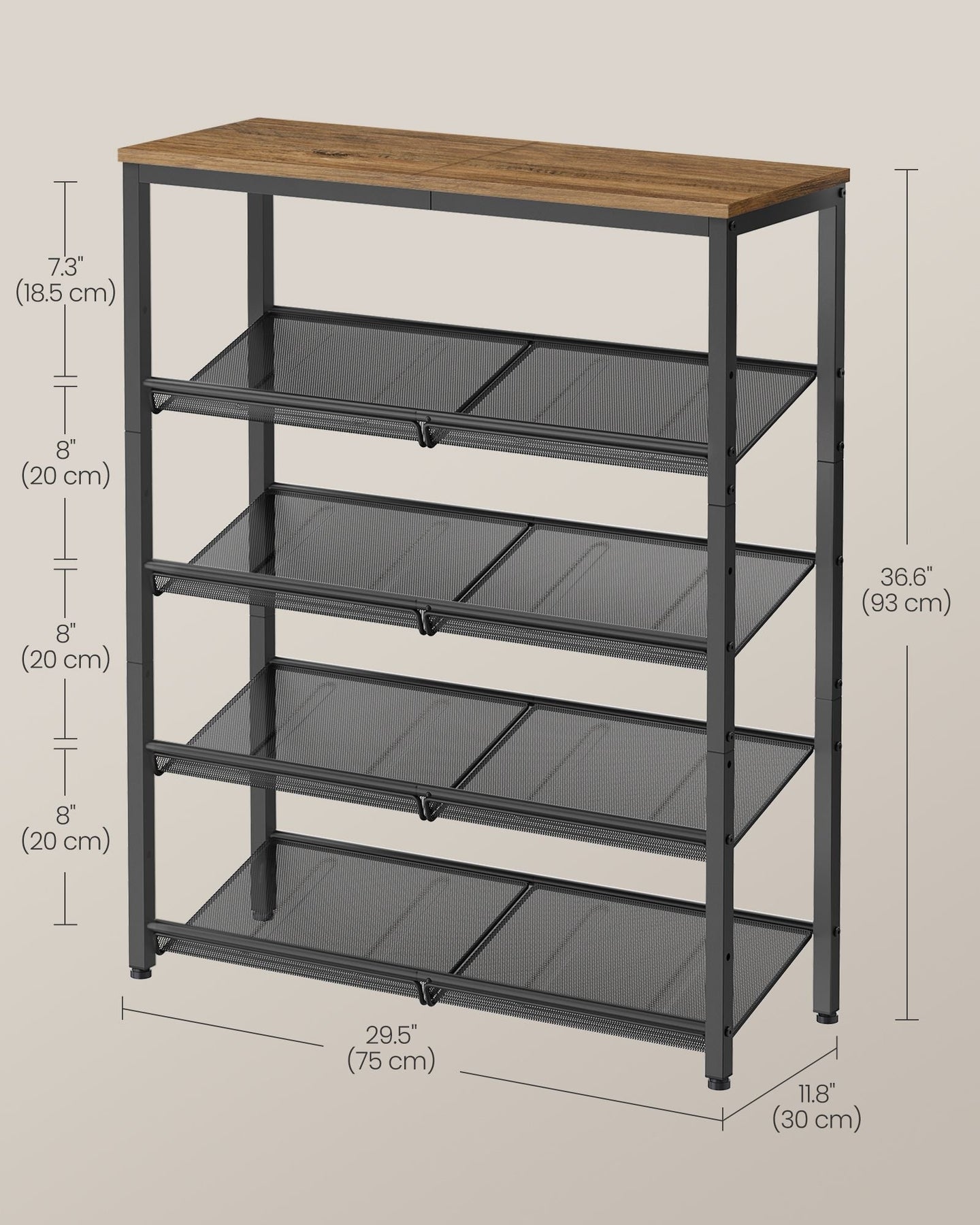 5-Tier Shoe Rack - Steel - Honey Brown - High Storage with Mesh Shelves and Large Top for Bags