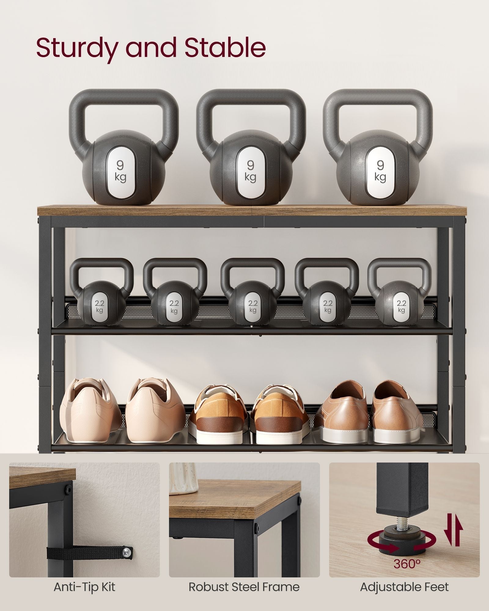 5-Tier Shoe Rack - Steel - Honey Brown - High Storage with Mesh Shelves and Large Top for Bags
