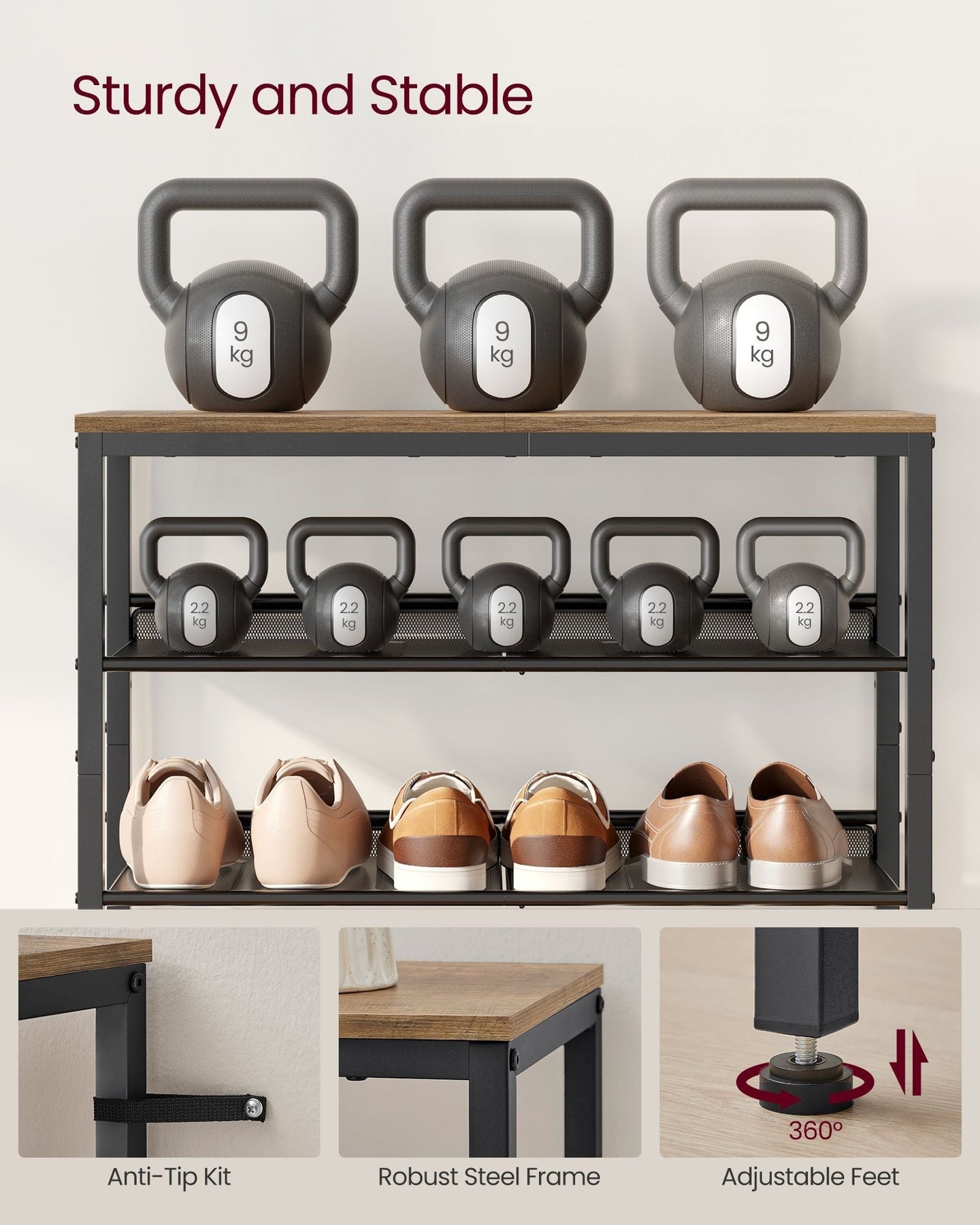 5-Tier Shoe Rack - Steel - Honey Brown - High Storage with Mesh Shelves and Large Top for Bags