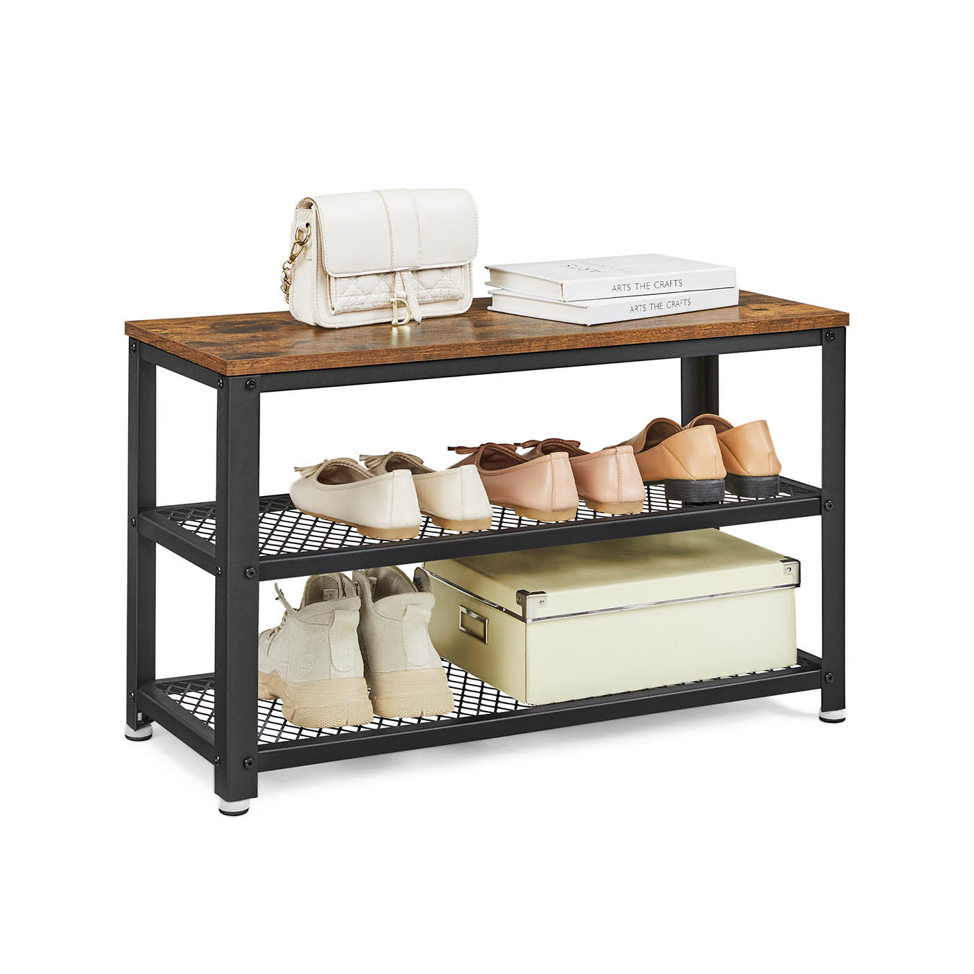 Shoe Bench - Wood - Rustic Brown - 3-Tier Storage with Seating