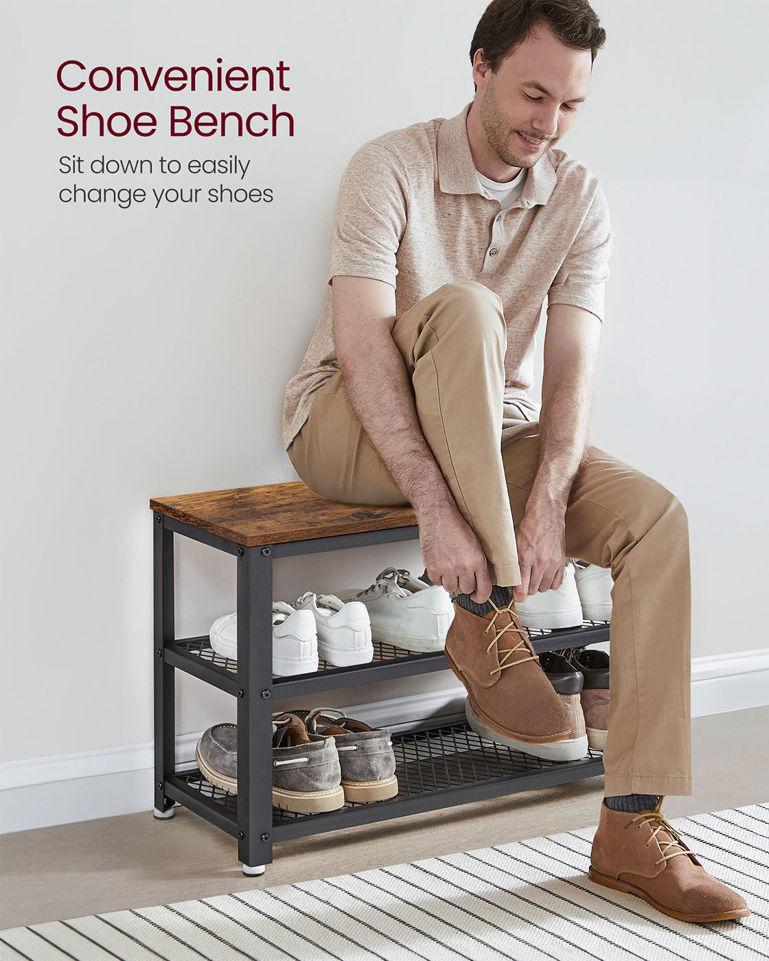 Shoe Bench - Wood - Rustic Brown - 3-Tier Storage with Seating